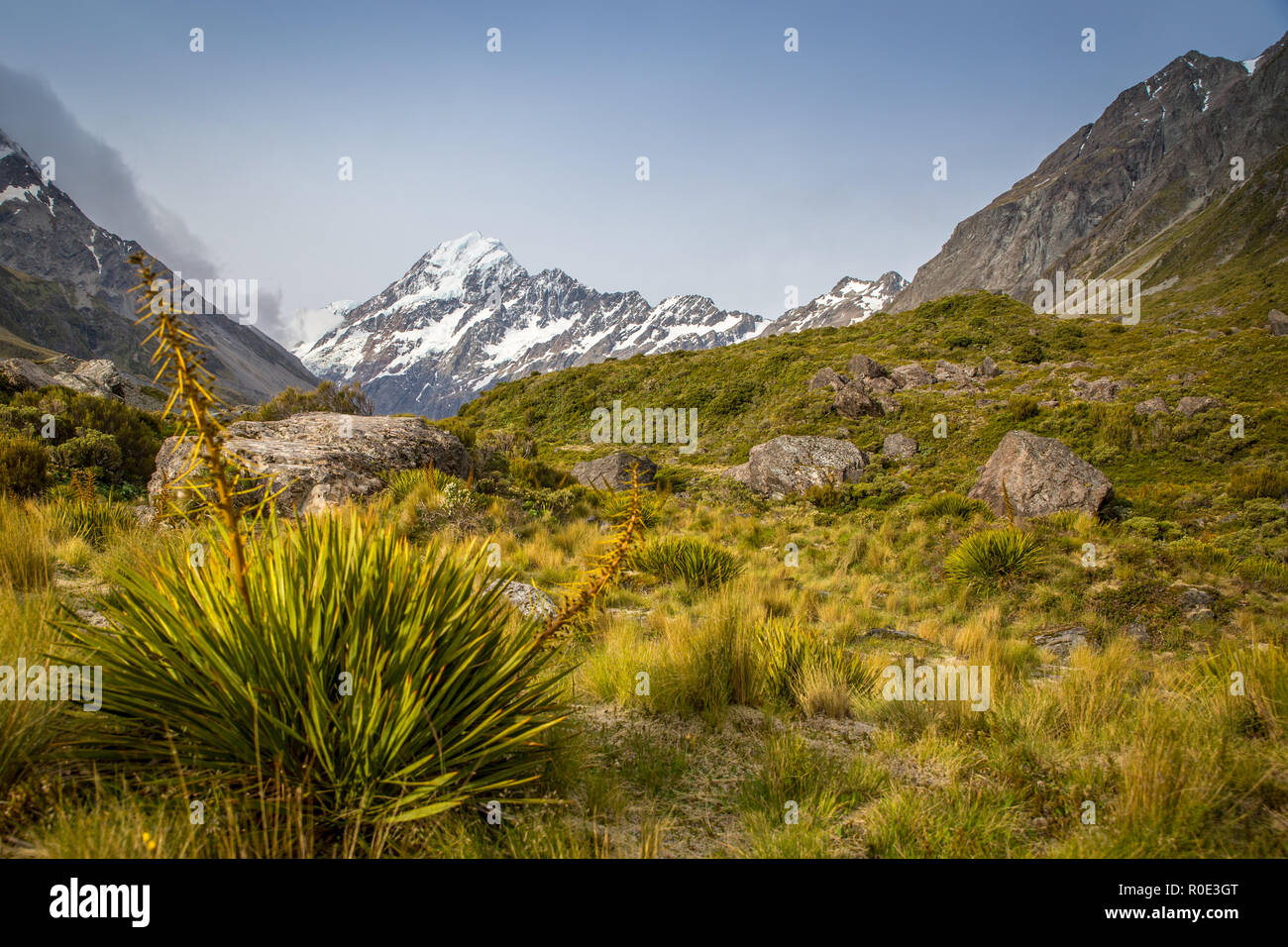 A view up the Hooker Valley to snow capped Mt Cook Stock Photo