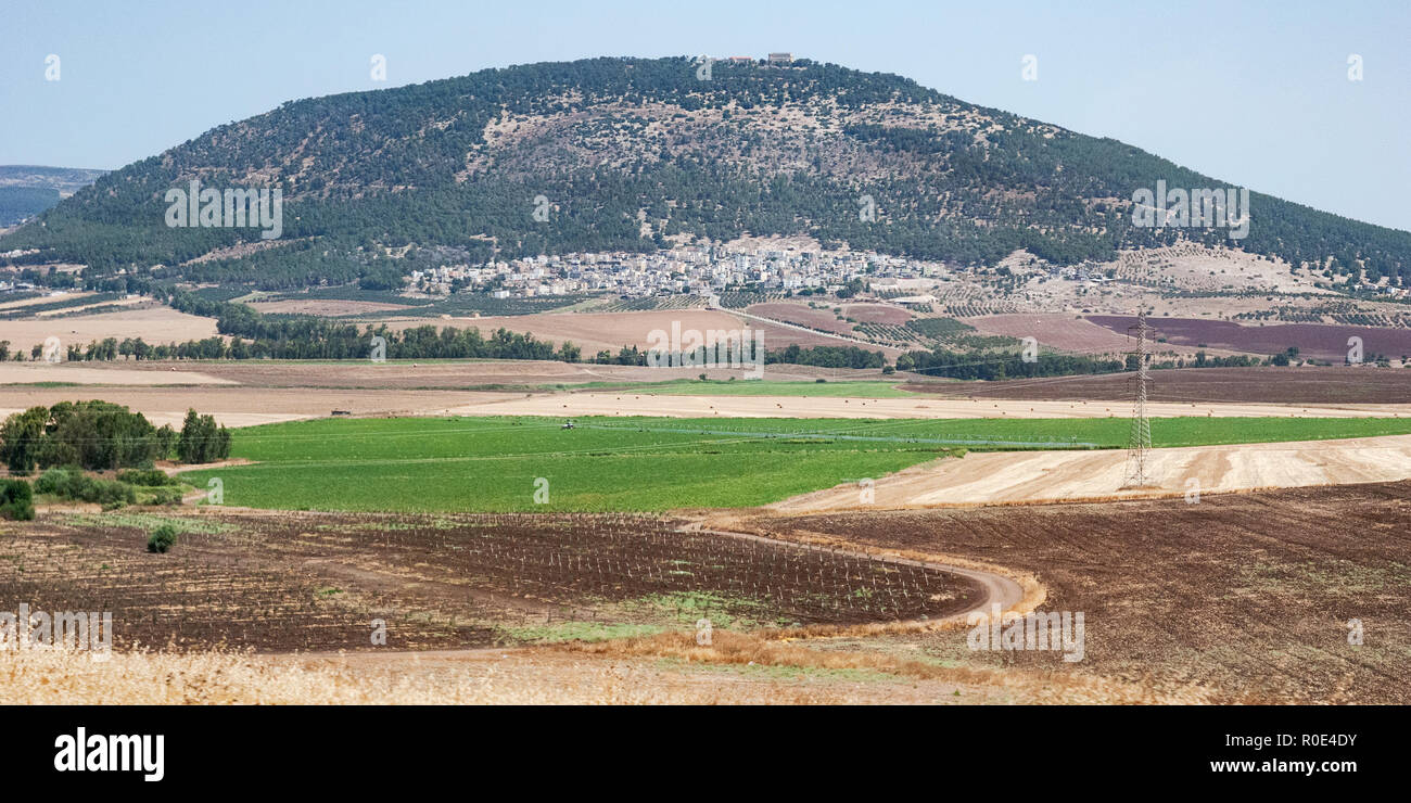 a panorama of mt tabor har tavor in the lower galilee in northern israel with modern agricultural fields in the foreground Stock Photo