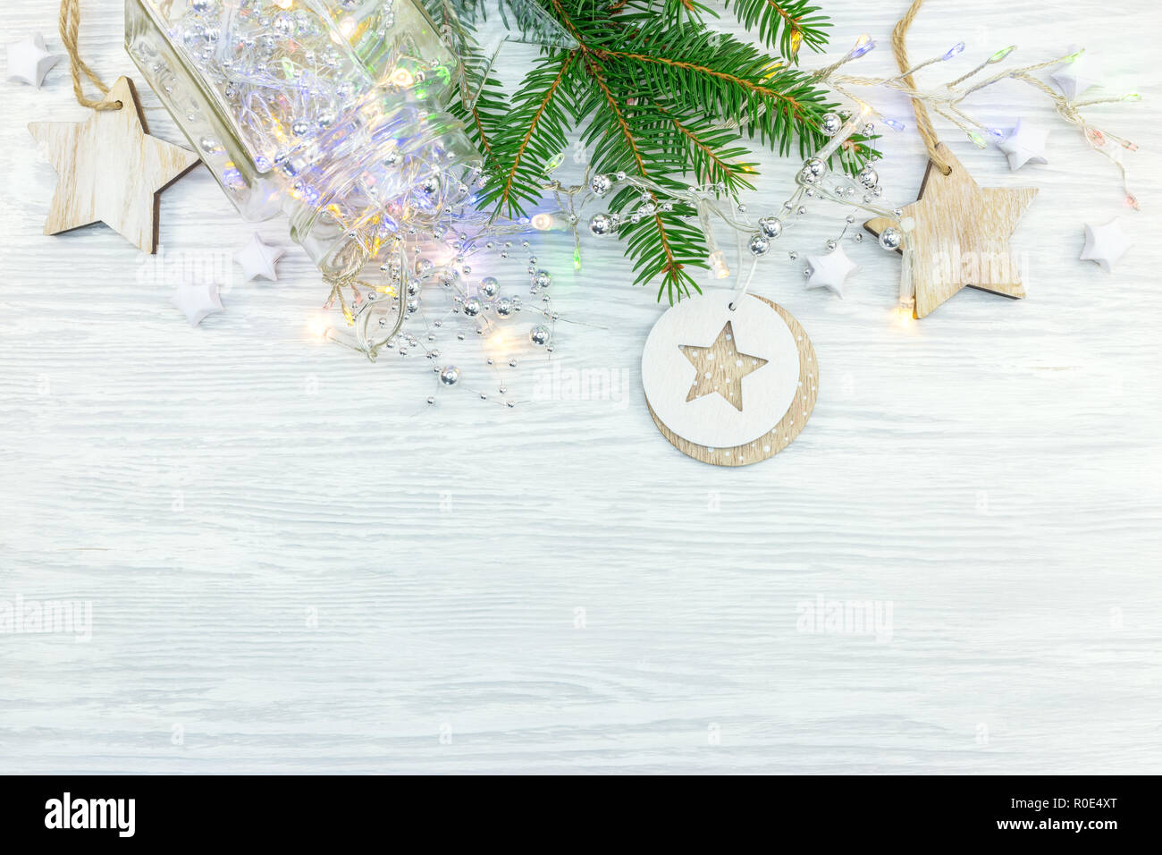 handmade wooden decorations for christmas tree, fir tree branch and ...