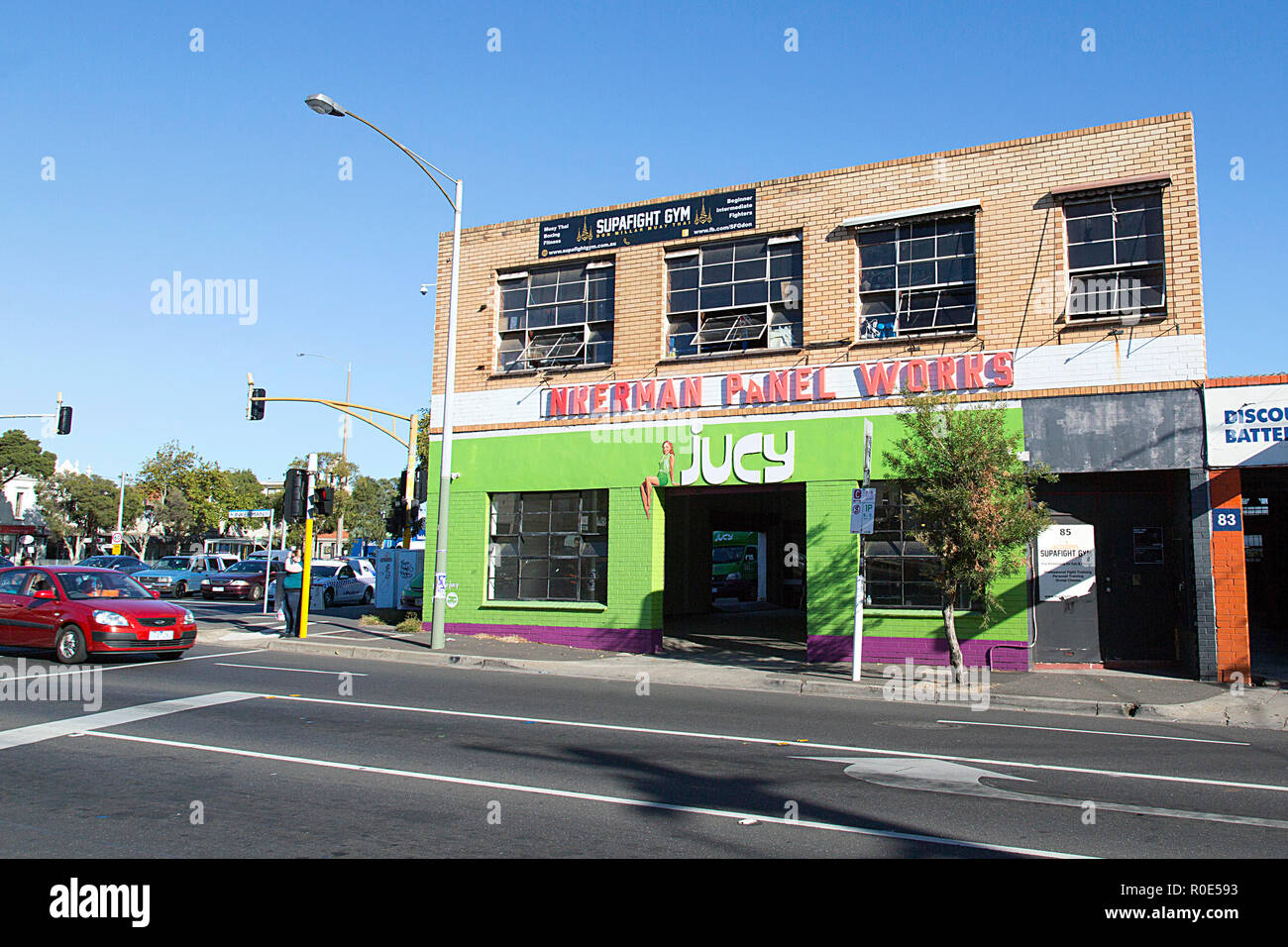 St Kilda, Melbourne, Australia: April 04, 2018: JUCY are your one stop shop for cheap Car, Campervan and Motorhome hire and rentals in Australia. Stock Photo