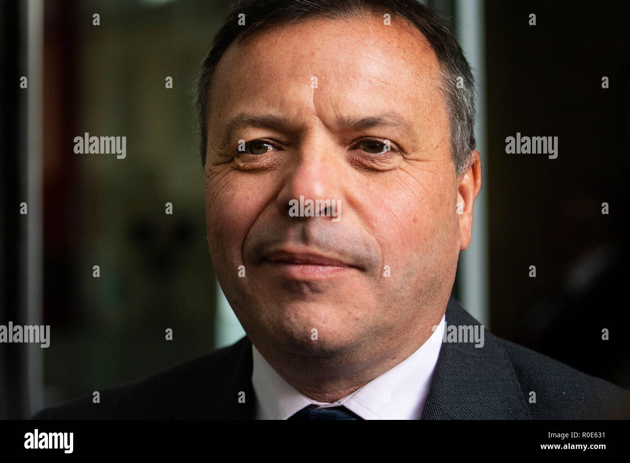 Leave campaigner Arron Banks, who is being investigated by the National Crime Agency for 'suspected criminal offences' committed during the Brexit referendum, arrives at the BBC Broadcasting House in London to appear on the Andrew Marr show. Stock Photo