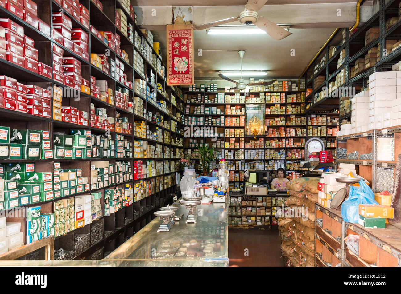BANGKOK, THAILAND, JANUARY 15, 2015 : View inside a Chinese hardware store in the Chinatown district of Bangkok, Thailand Stock Photo