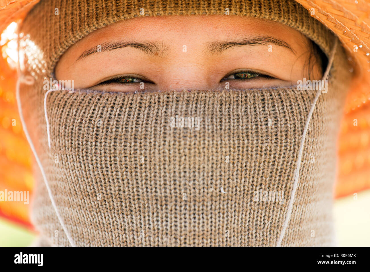 KHON KAEN, THAILAND - NOV 23:  a woman Thai farmer is protecting herself from the heavy sun for harvesting the rice in the field on November 23, 2013  Stock Photo