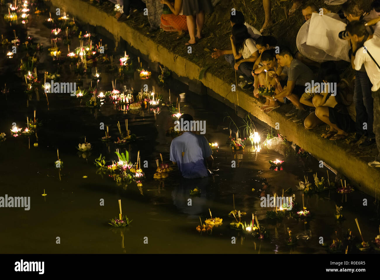 CHIANGMAI THAILAND NOVEMBER 28  : thai people releasing floating offerings  in Loy Krathong and Yi Peng Festival on november 28, 2012 Chiangmai, Thail Stock Photo