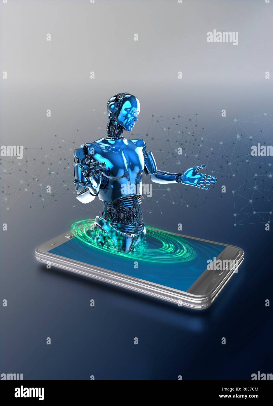 Robot emerging from smartphone screen, illustration. Stock Photo