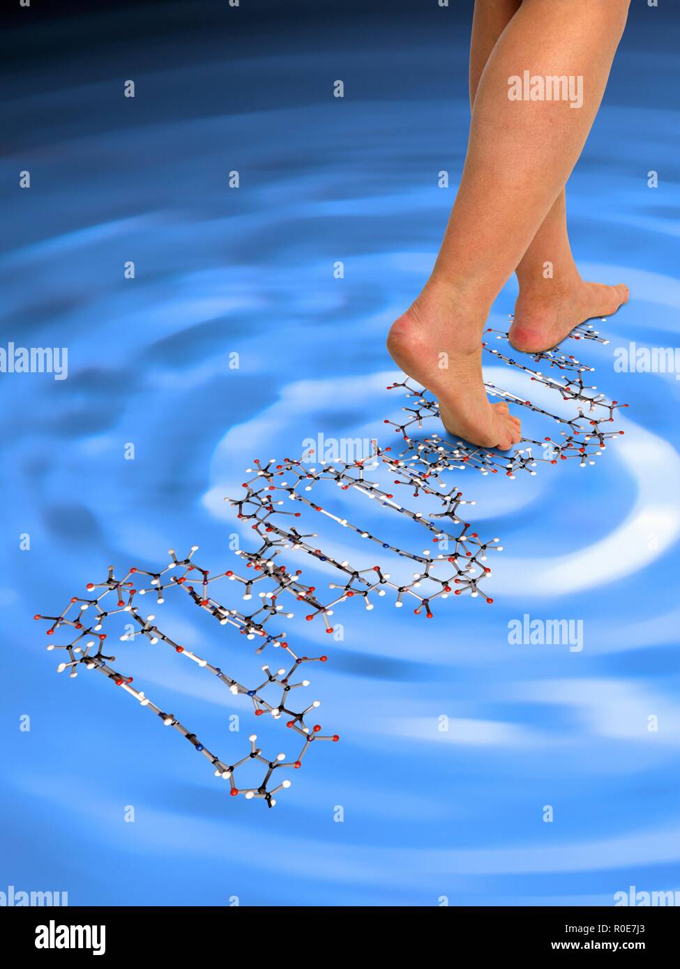 Person walking on molecular structure, illustration. Stock Photo