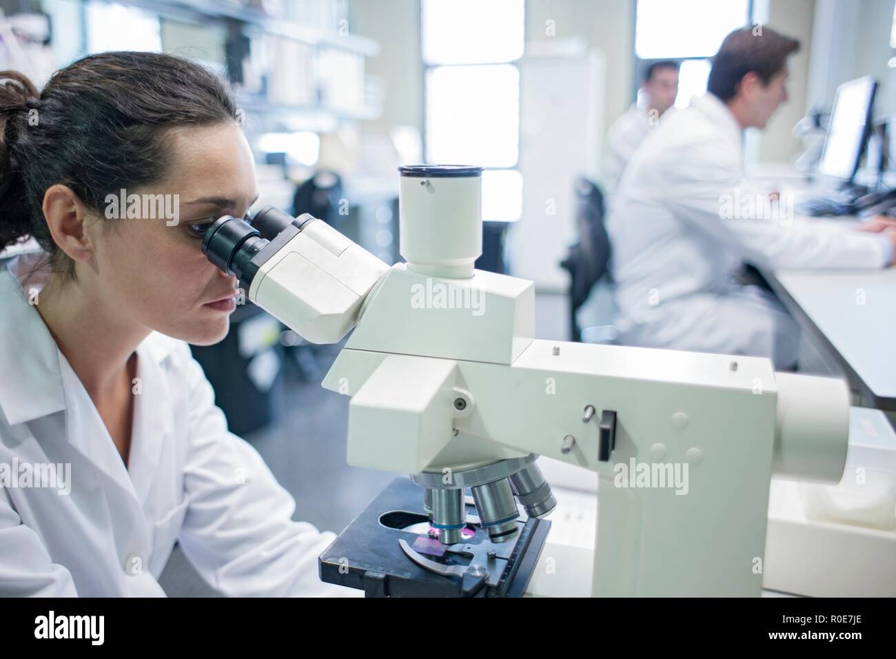 Female laboratory assistant using microscope. Stock Photo