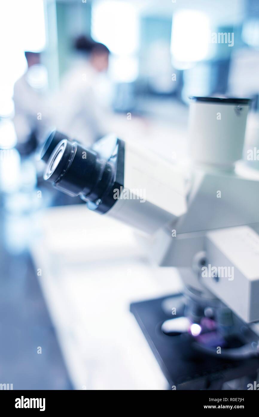 Microscope in laboratory, close up. Stock Photo