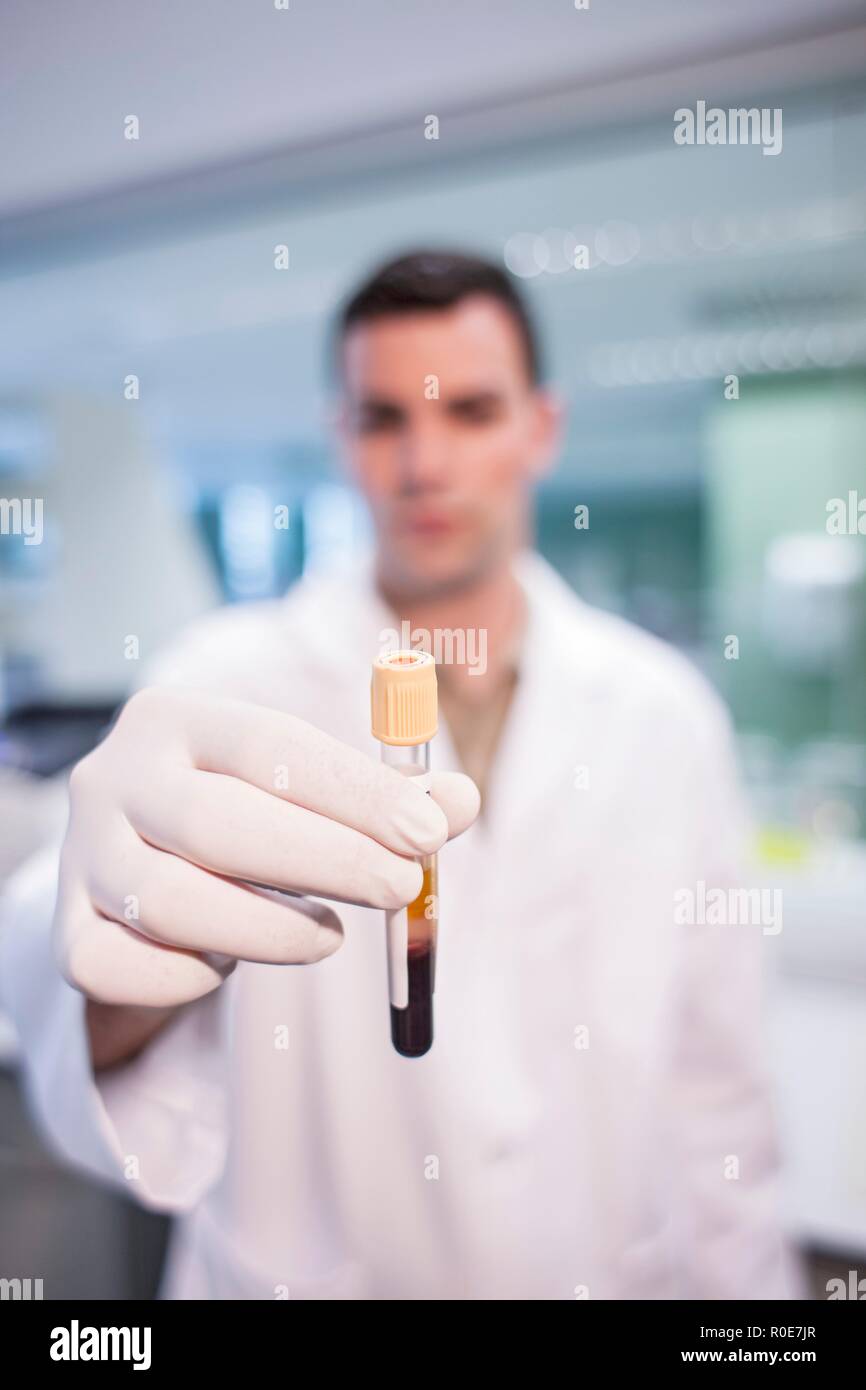 Male laboratory assistant holding test tube. Stock Photo
