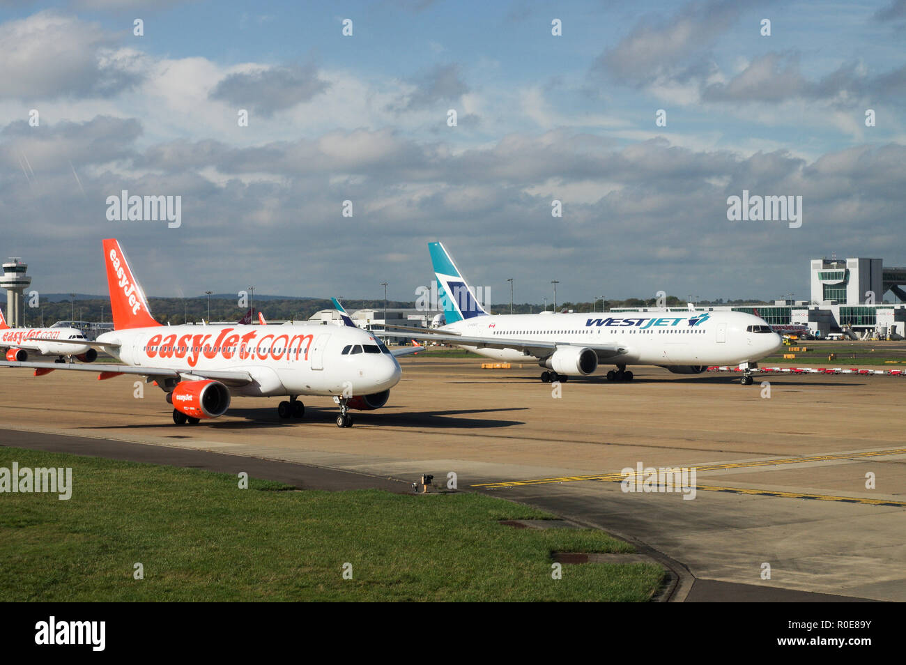 Busy Gatwick Airport in southeast England on a bright, sunny day Stock Photo