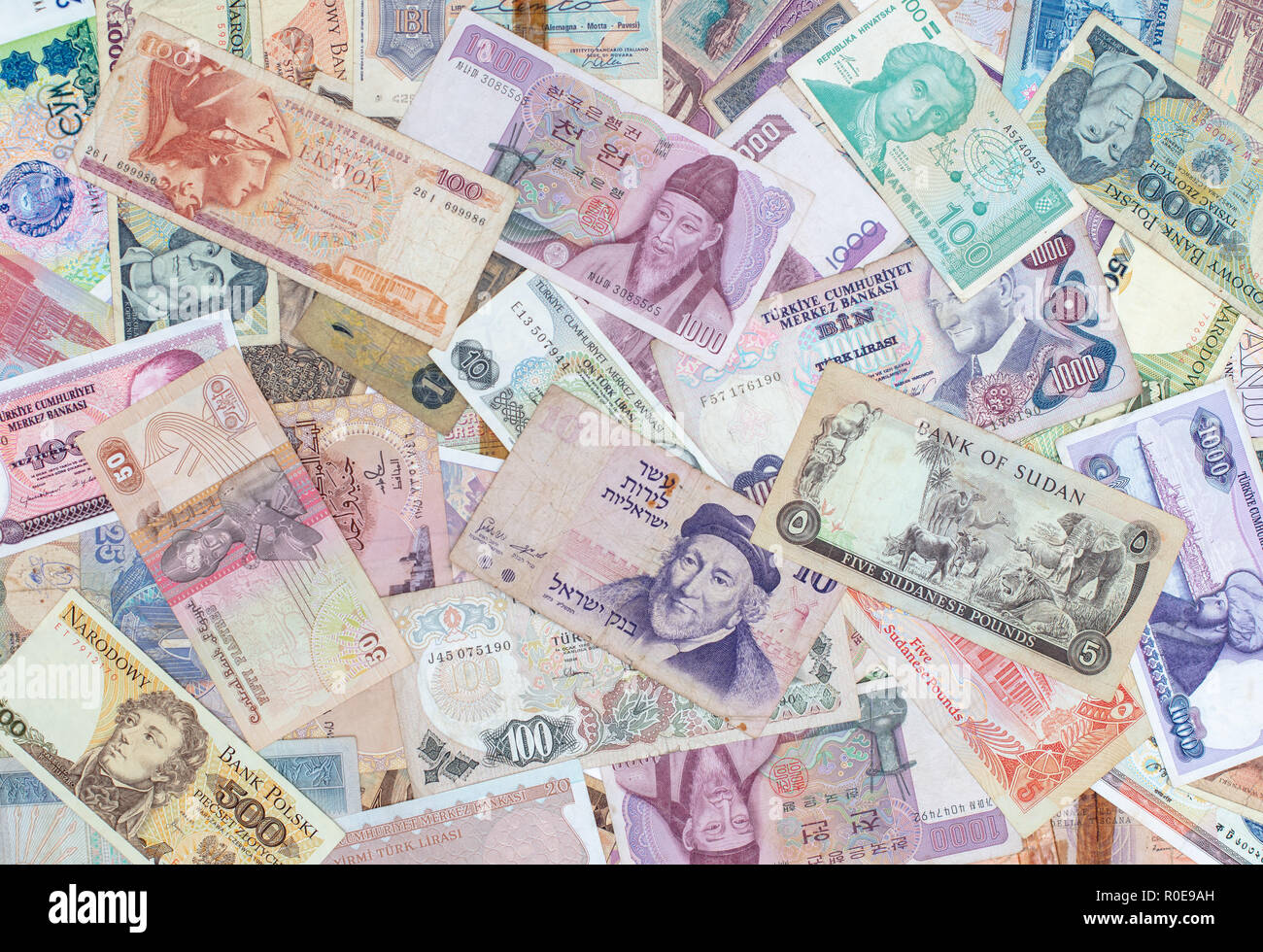 Money background, Closeup on banknotes collection from all around world Stock Photo