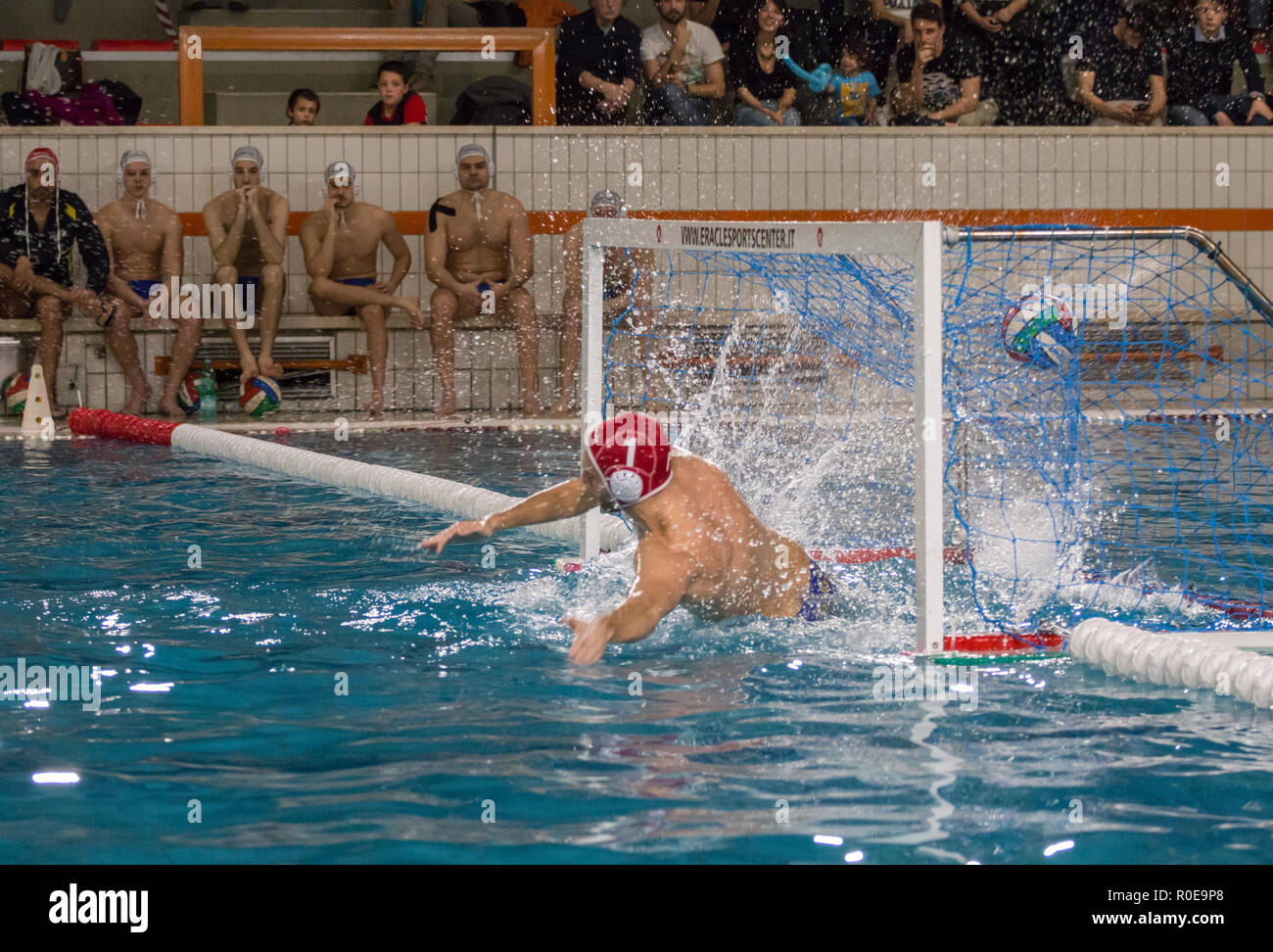 Goalkeeper during an actions - A series of shots depicting water polo players,.Game actions, attack, defense and goal. Stock Photo