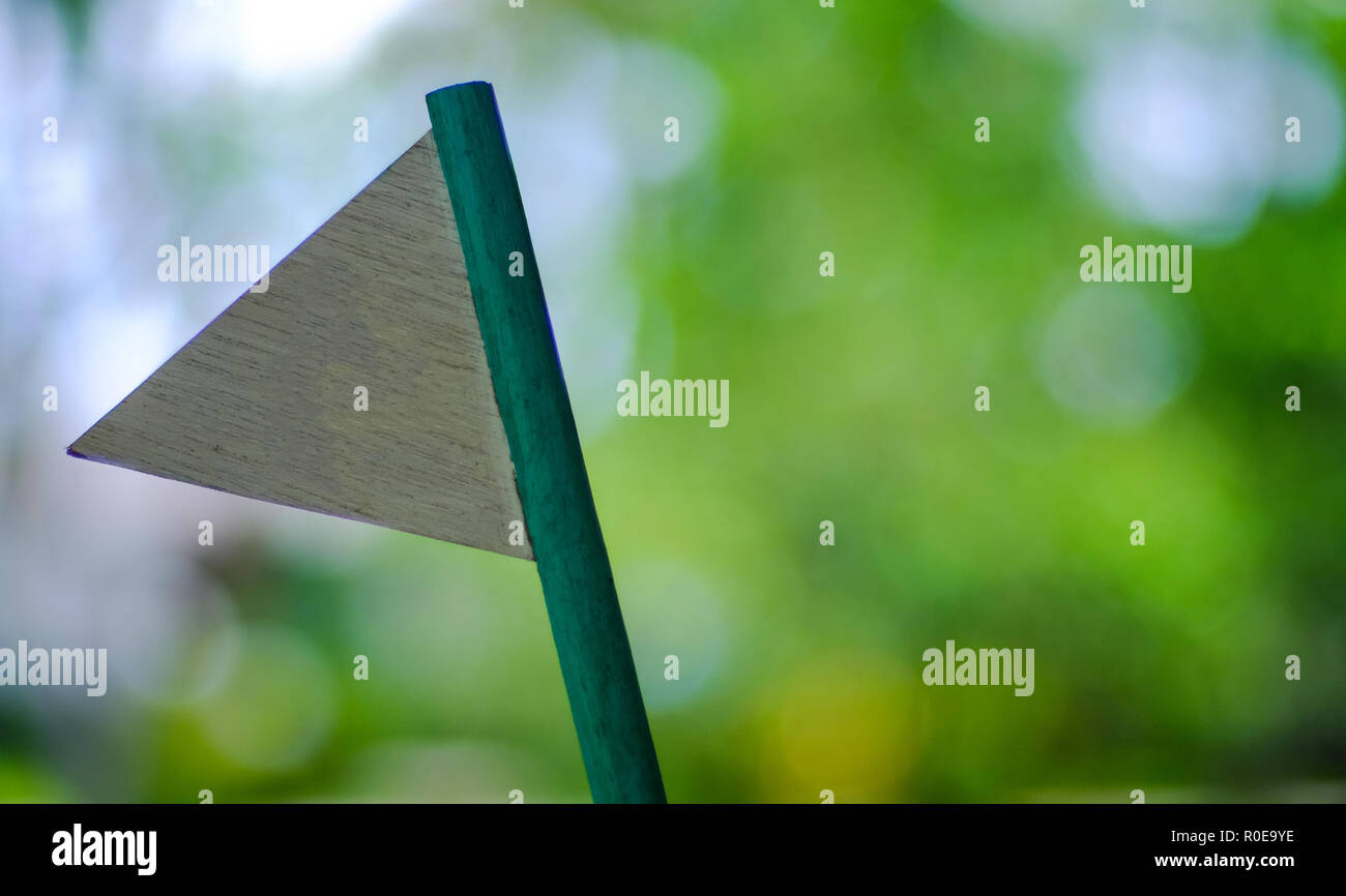 A wooden decorative white triangle flag stick with natural green