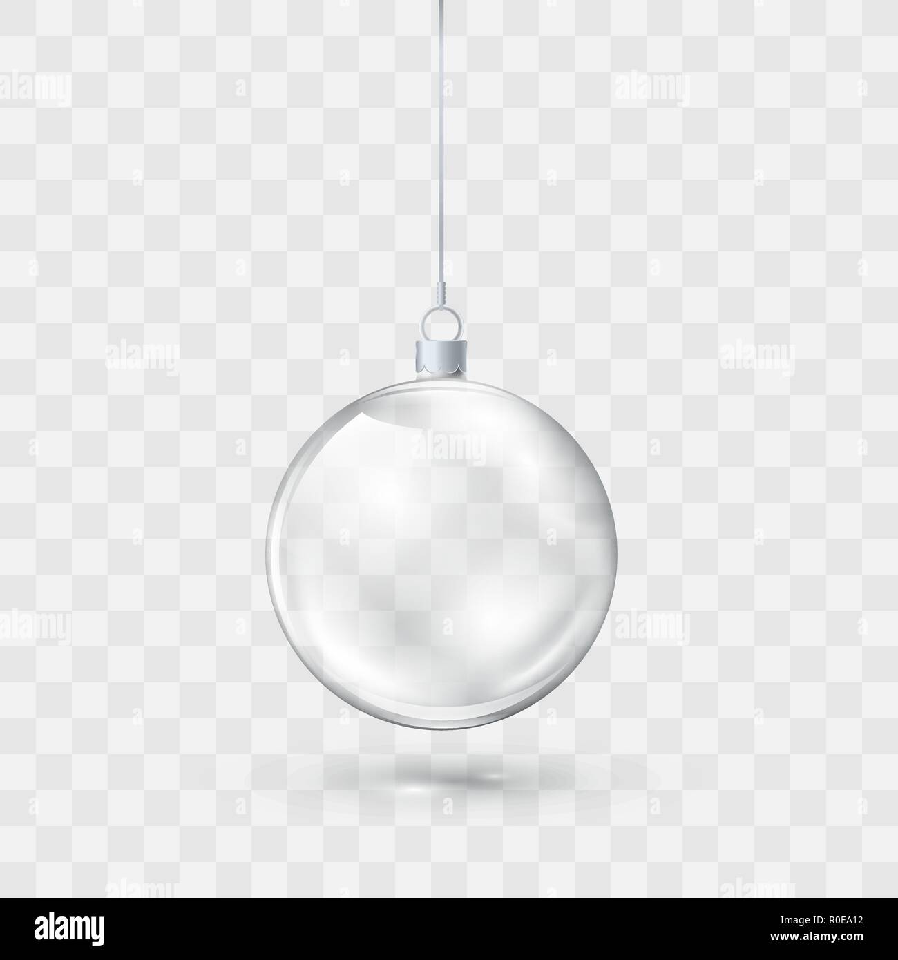 Glass transparent Christmas ball. Xmas glass ball on transparent background. Holiday decoration template. Vector illustration Stock Vector