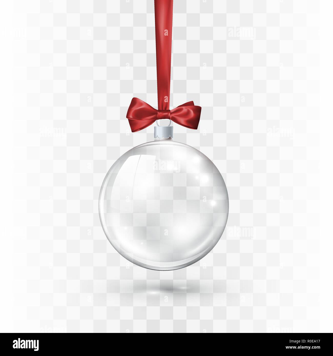 Glass transparent Christmas ball ornate by red bow and ribbon. Element of holiday decoration. Vector illustration isolated on white background Stock Vector