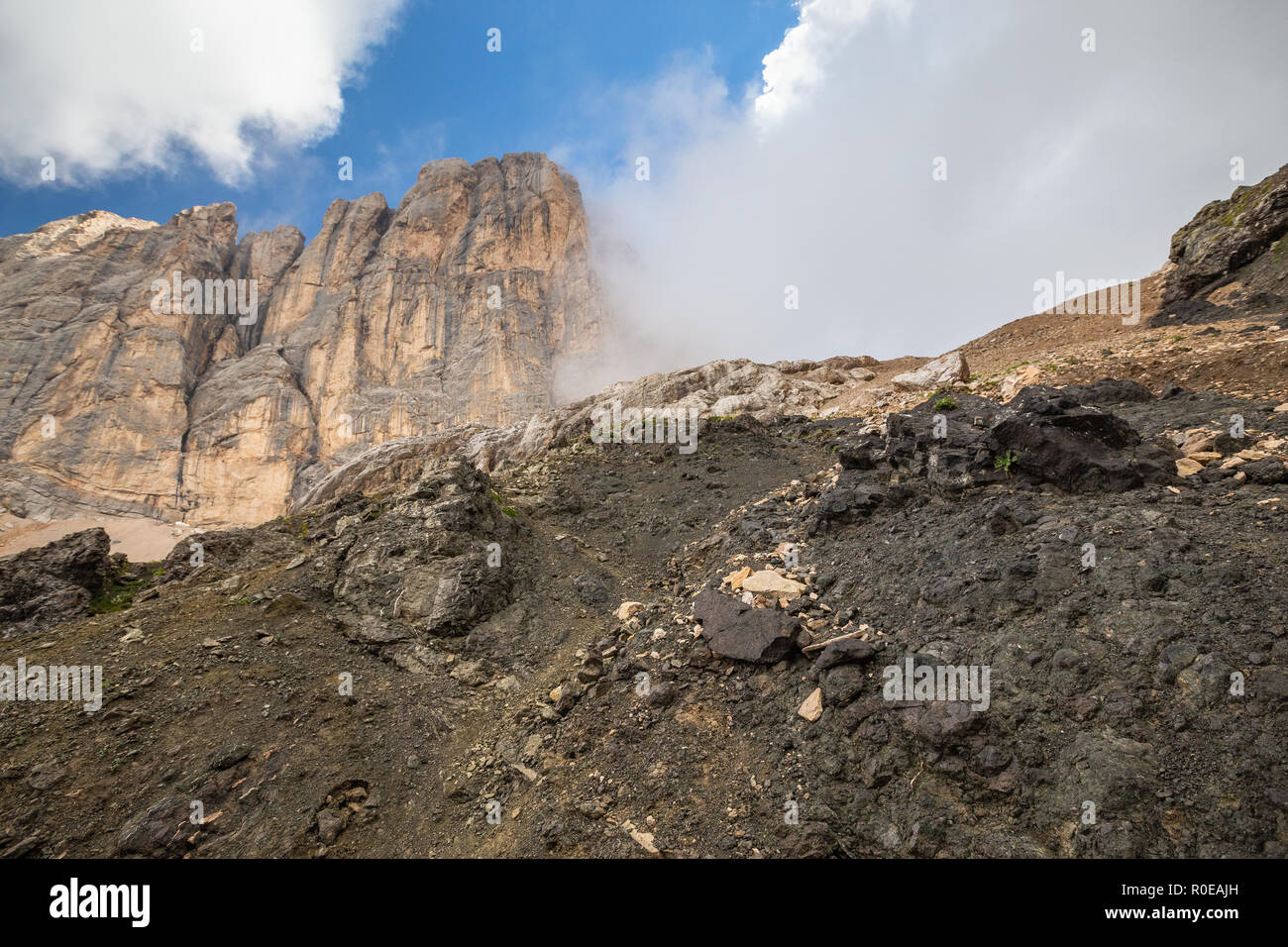Geological features. Magmatic rocks. Passo Ombretta. The Dolomites. Stock Photo