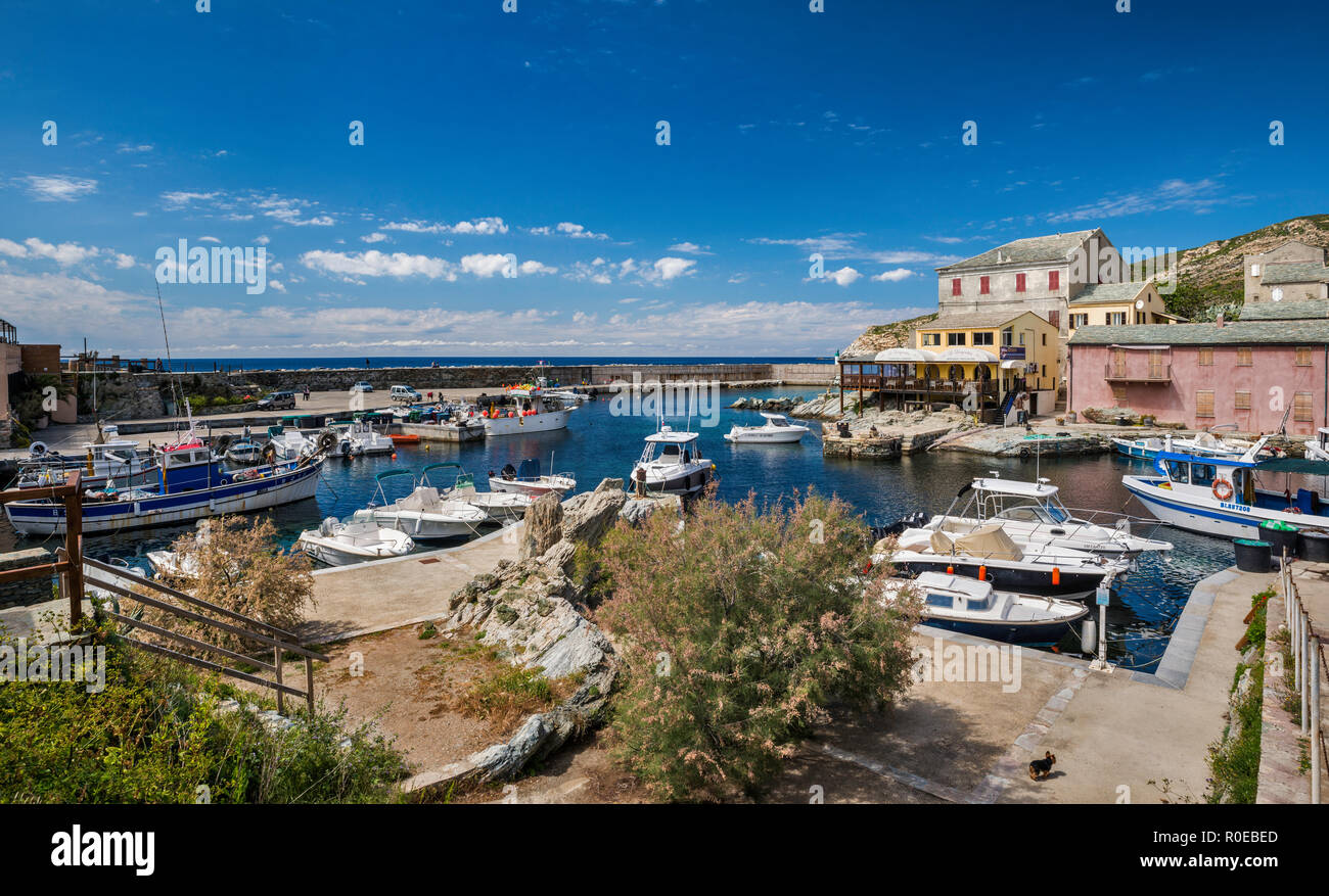 Fishing and pleasure boats at marina and port in village of Centuri,Cap Corse, Haute-Corse, Corsica, France Stock Photo