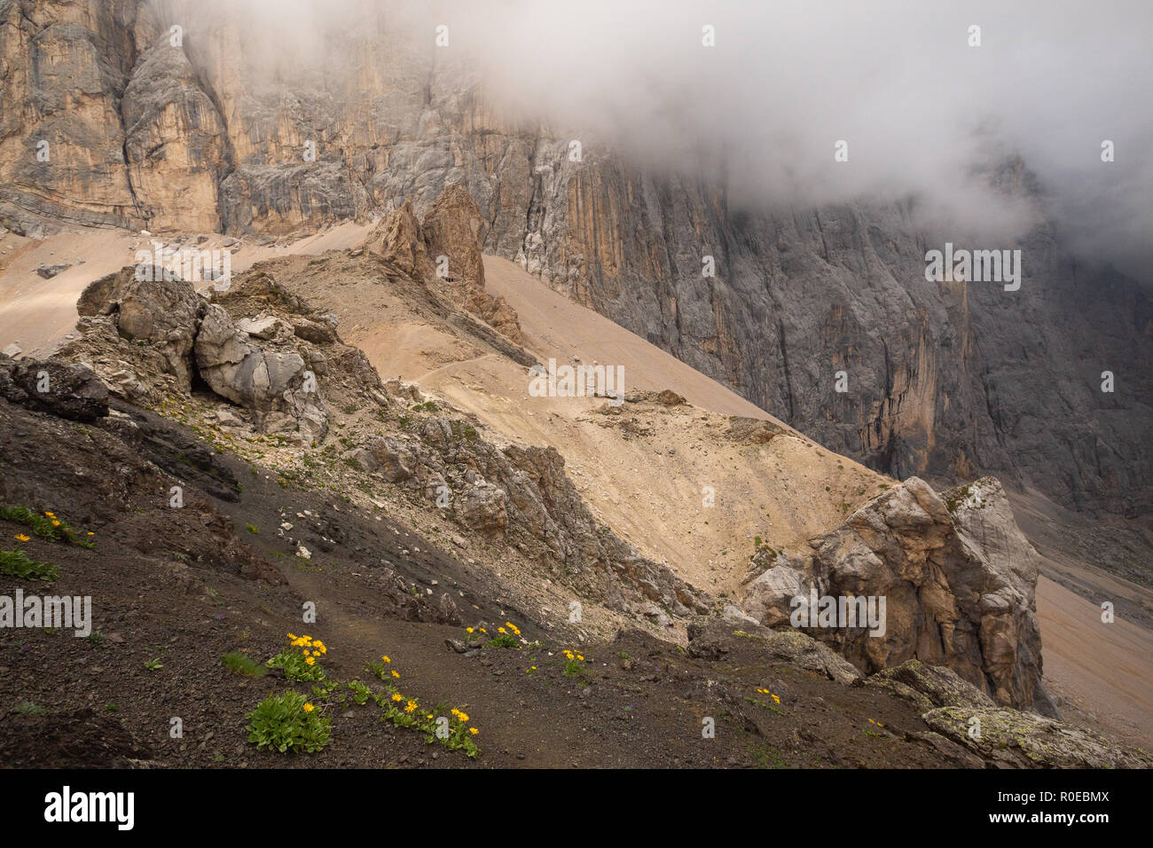 Geological features. Magmatic rocks. Passo Ombretta. The Dolomites. Stock Photo