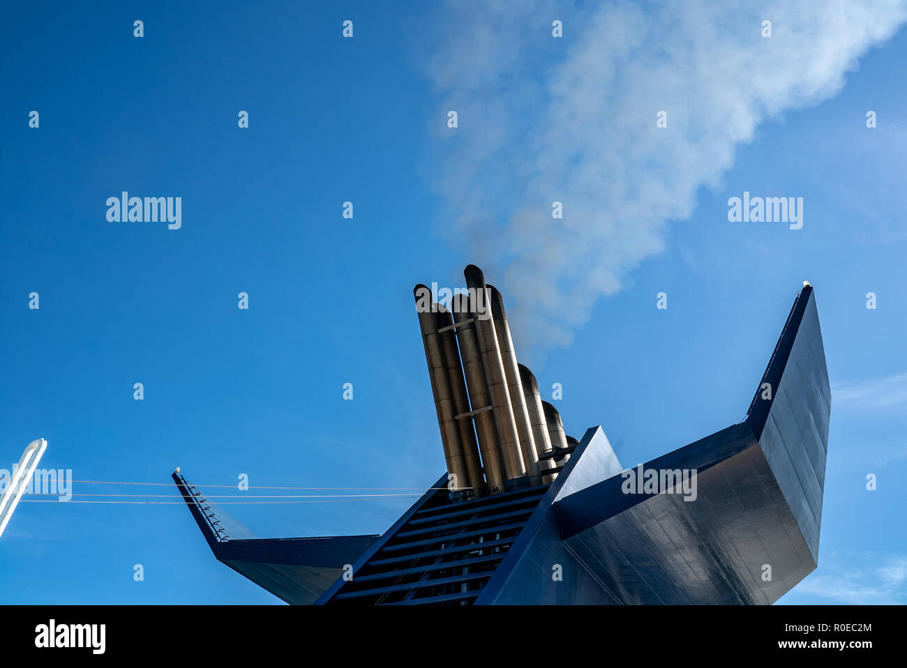Chimney with smoke of a ferry boat Stock Photo