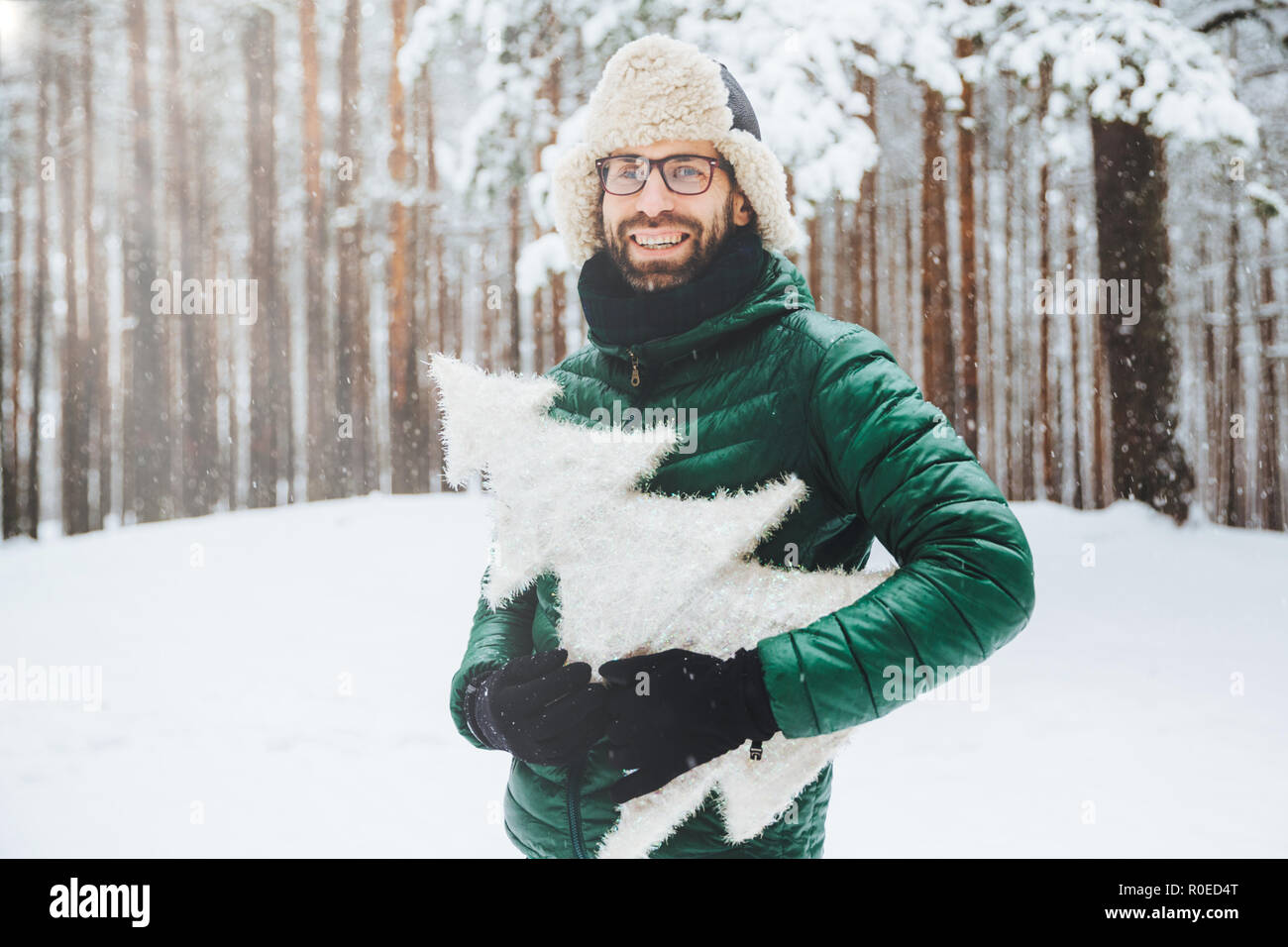 Attractive bearded male with appealing appearance, wears green anorak and hat, holds artificial fir tree, spends weekends on frosty weather in winter  Stock Photo