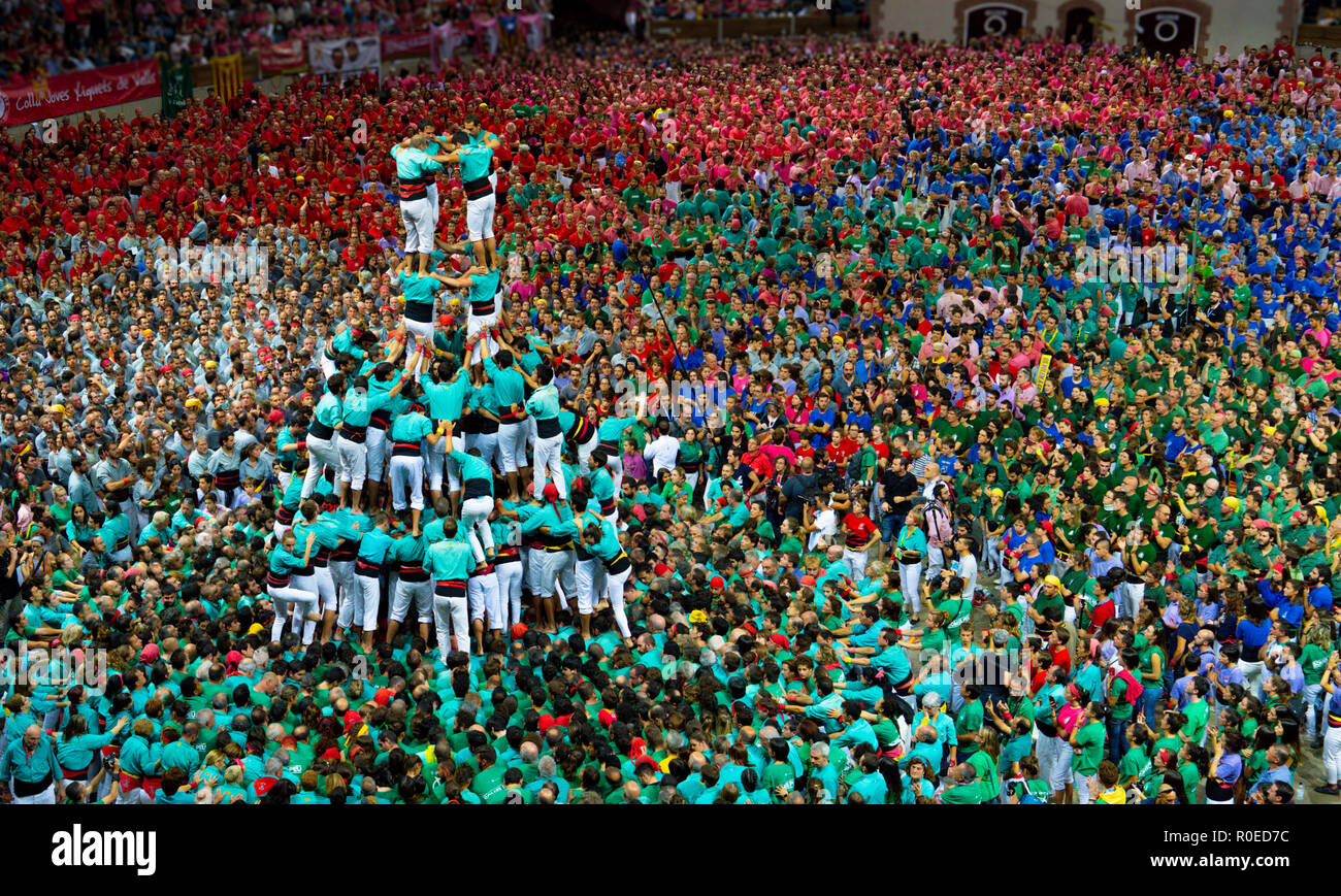 Tarragona, Spain. October 2018 Castells Performance in Human Tower