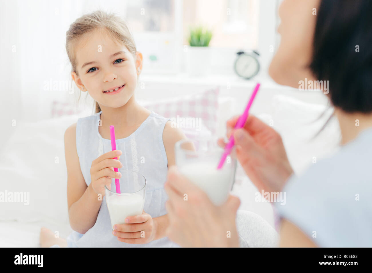 Pretty Cute Small Child Drinks Delicious Cocktail Has Pleasant