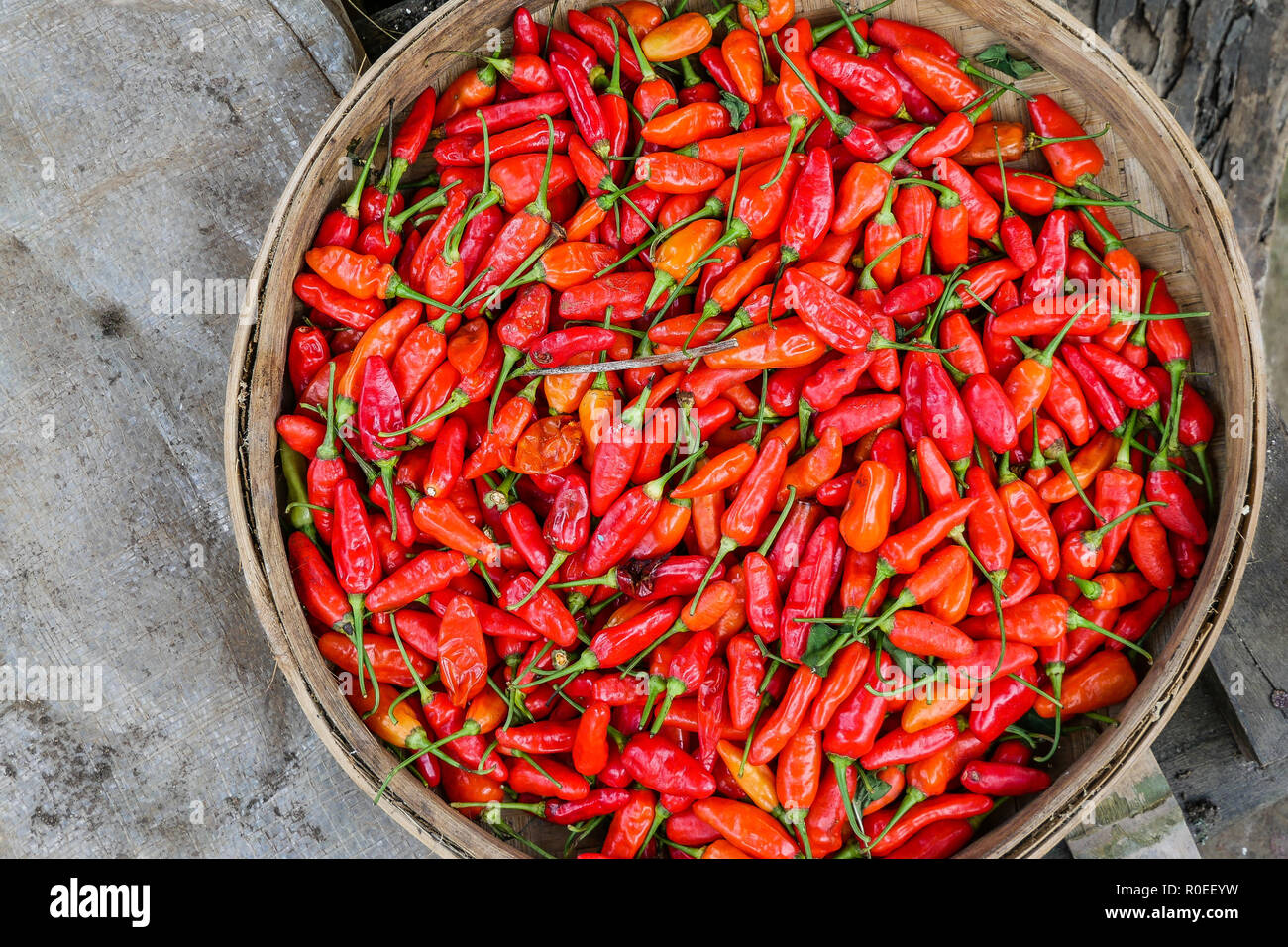A wooden bowl filled with red chilis. Stock Photo
