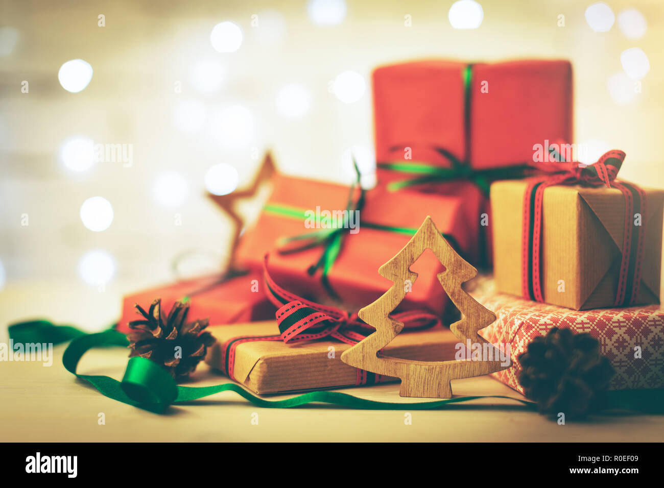 christmas greeting card - stack of gifts and decorations Stock Photo
