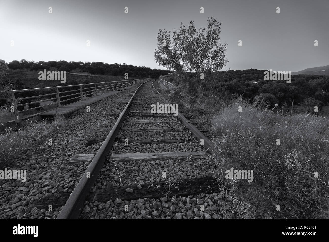 Abandoned railway tracks of an old railway line. Near Plasencia
