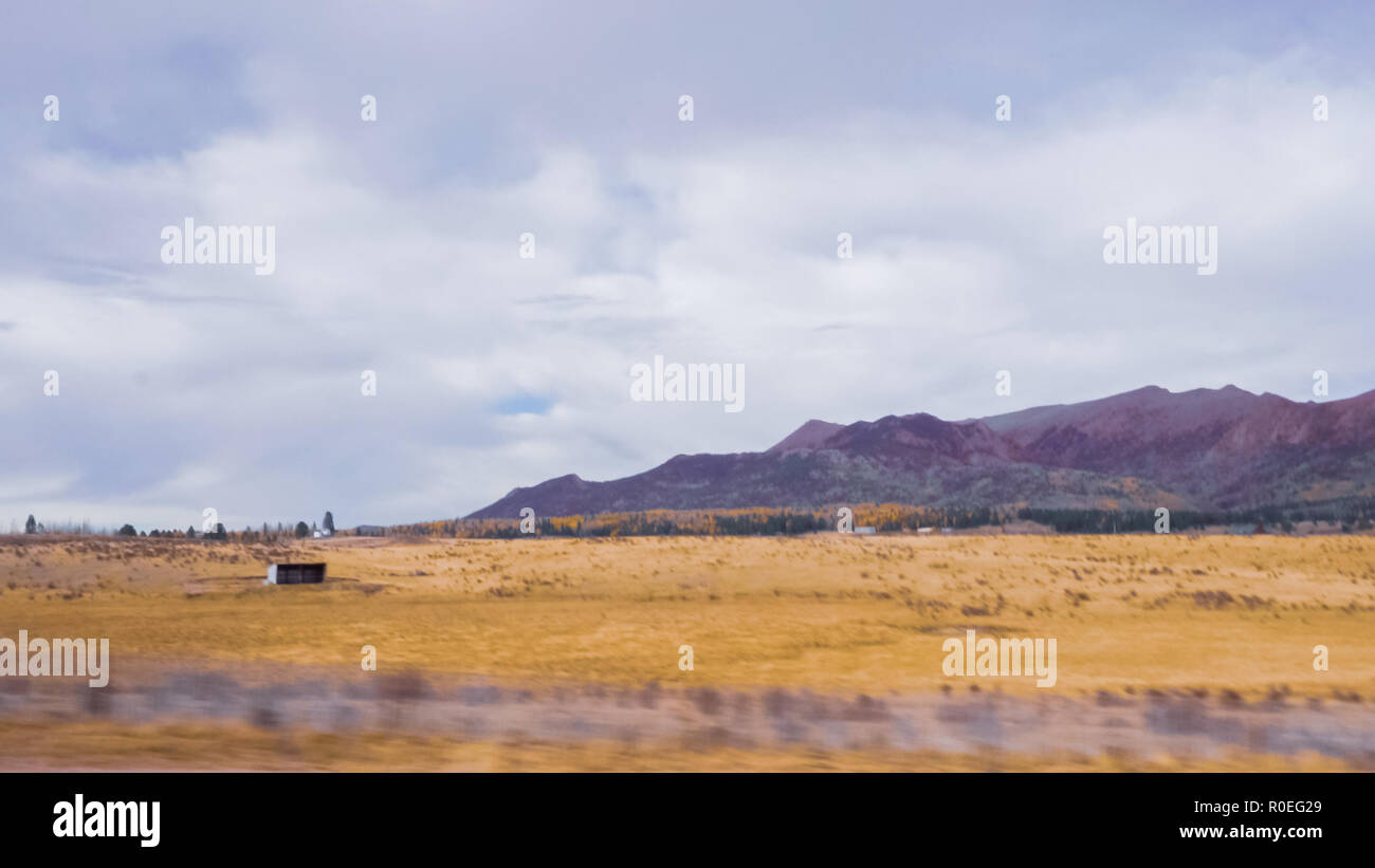 Driving on mountain highway 67 to Colorado Springs in Autumn. Stock Photo