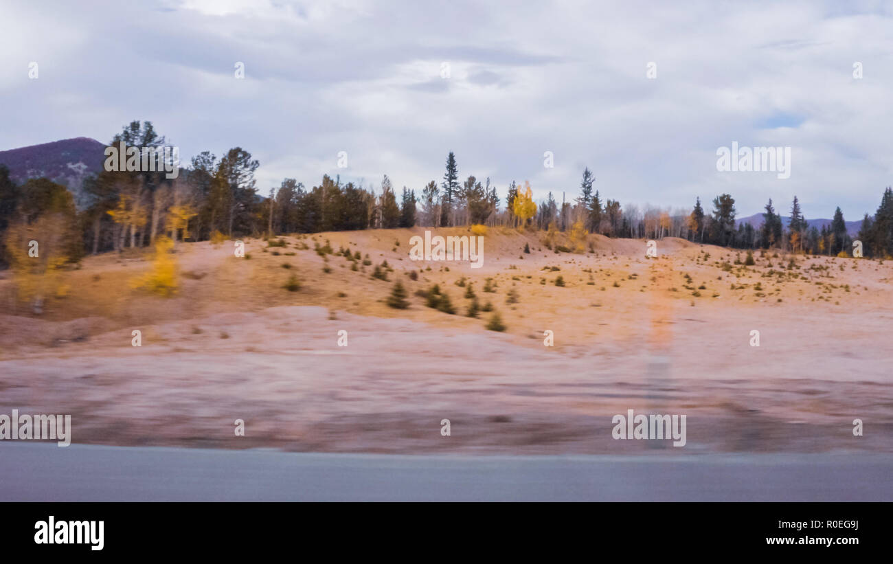 Driving on mountain highway 67 to Colorado Springs in Autumn. Stock Photo