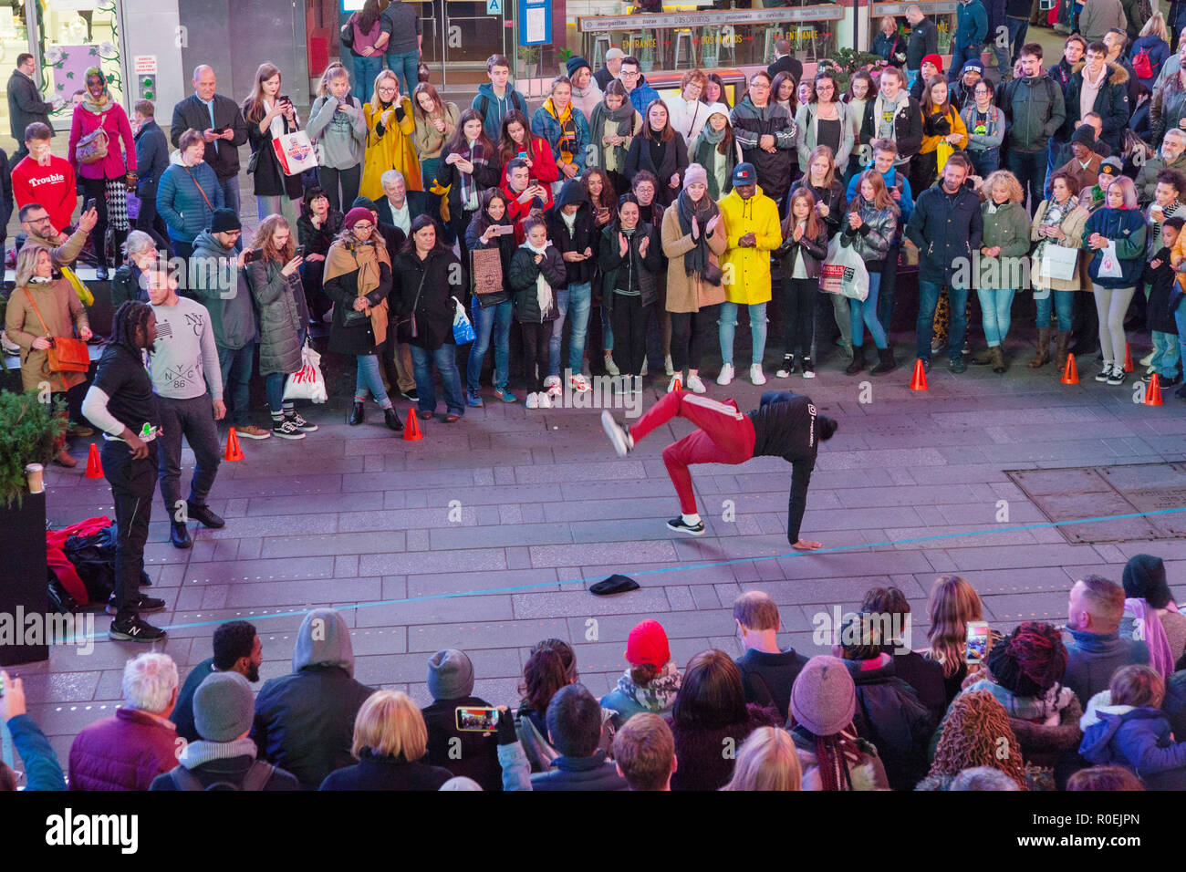 Break dancers at Time Square, New York City, United States of America. Stock Photo