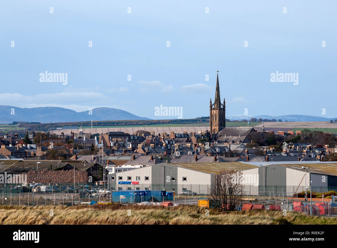 Montrose Old and St. Andrew’s Church steeple and Montrose town seen in