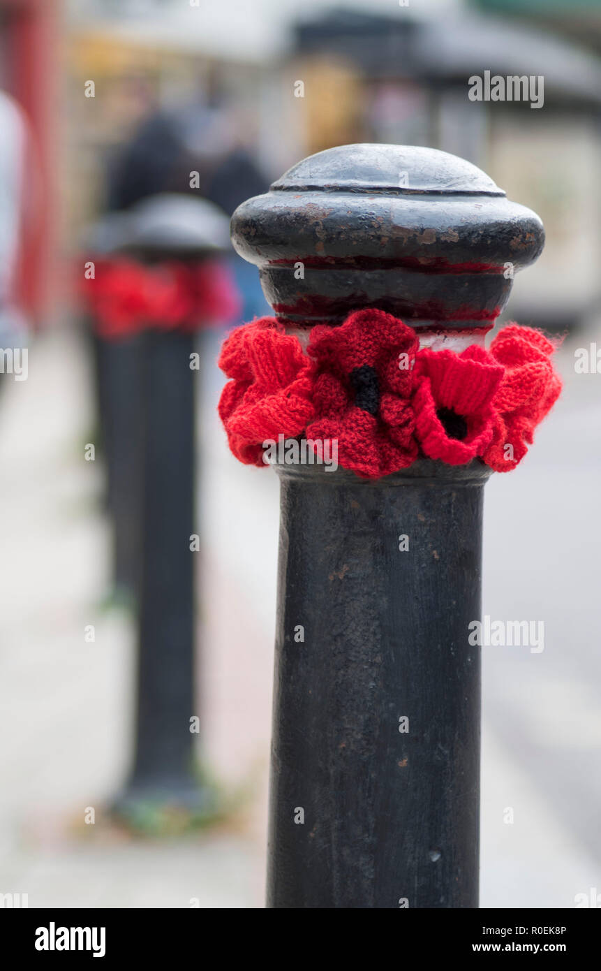 Crocheted poppies around Worthing Town centre to commemorate 100th anniversary of the end of the First World War. Worthing West Sussex, UK. Stock Photo
