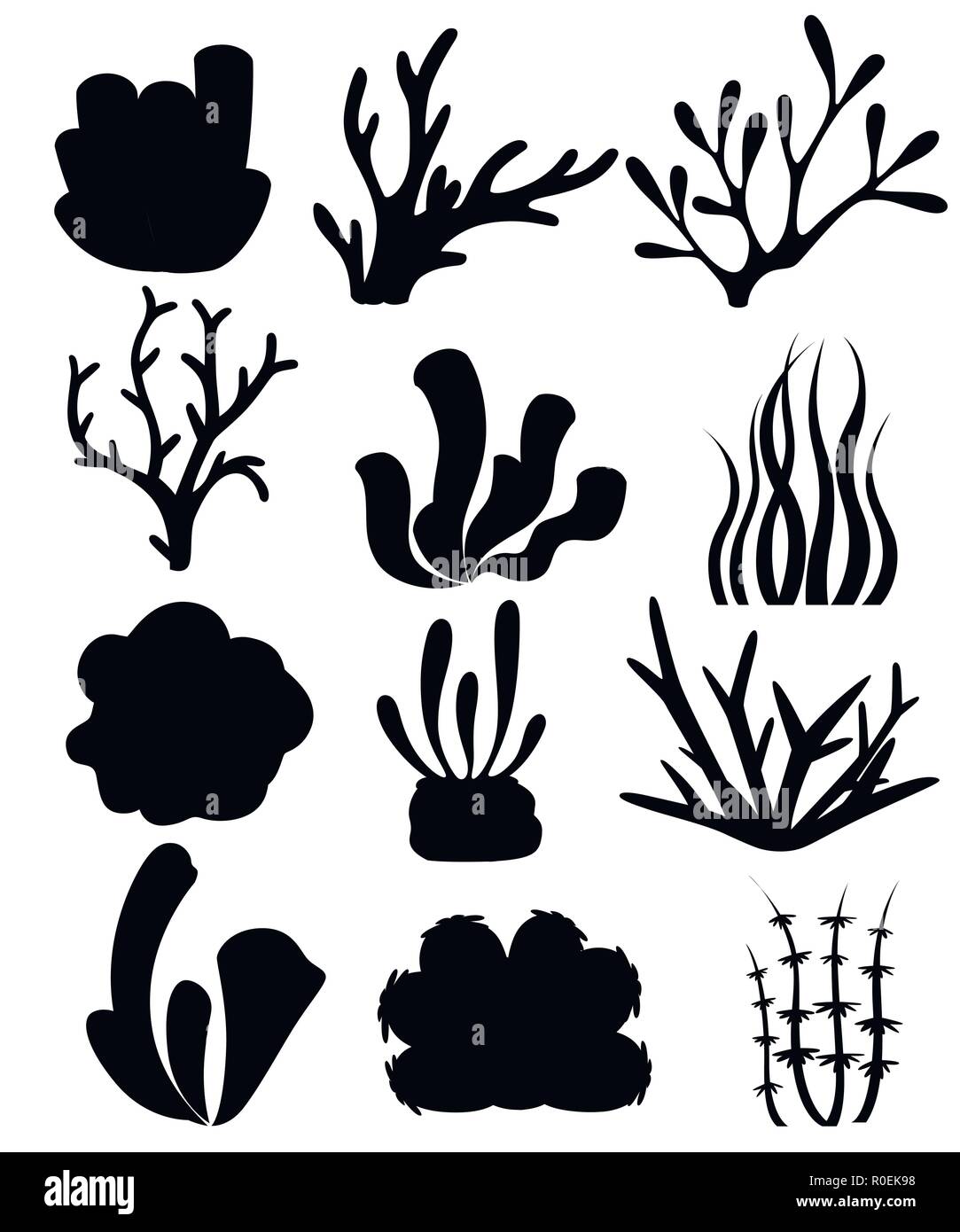 Black silhouette. Collection of corals and seaweed. Deep sea floral design. Ocean flora and fauna. Flat vector illustration isolated on white backgrou Stock Vector