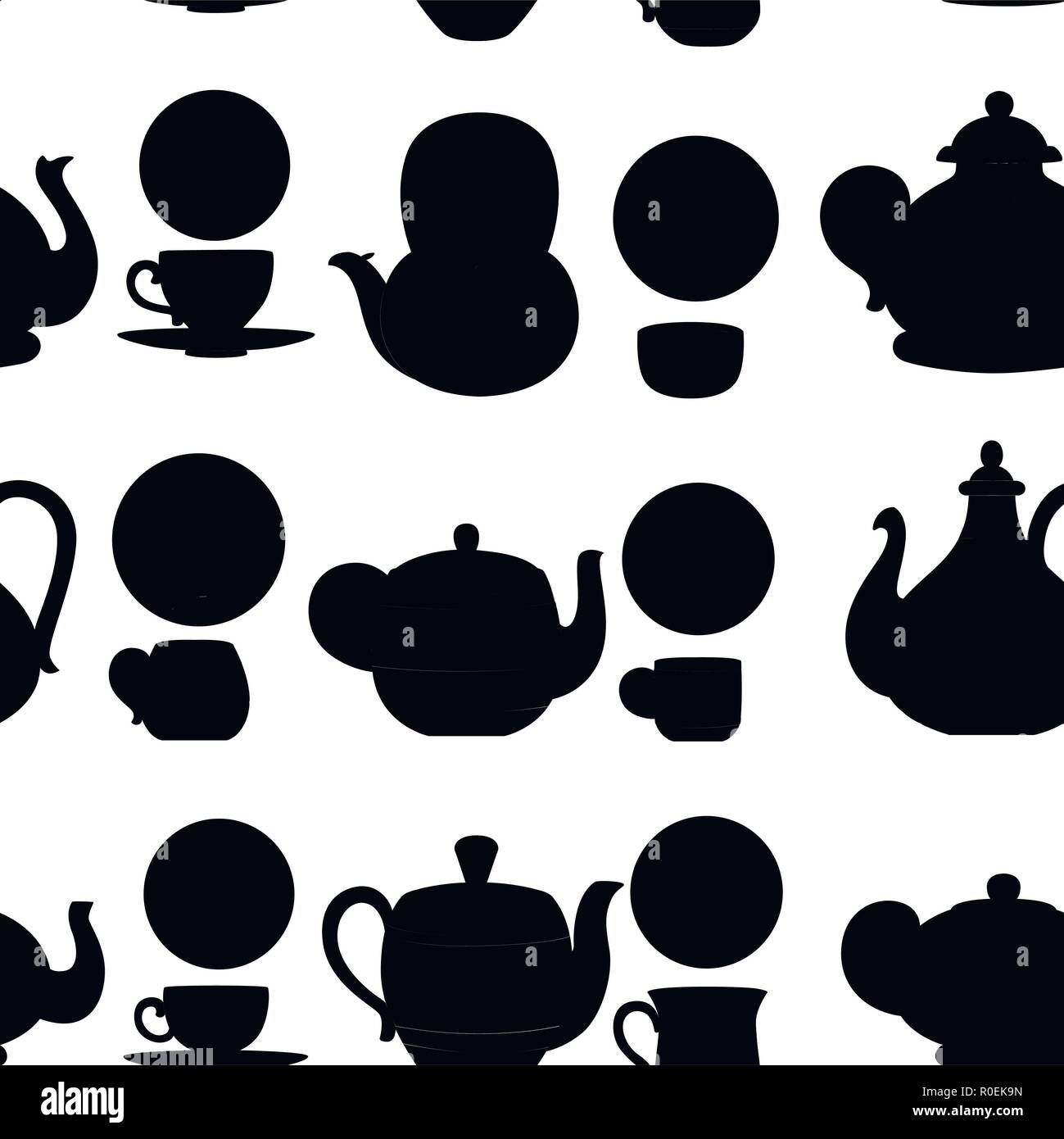 Trendy cute patterns black and white Seamless Pattern Black Silhouette Vector Set Of Teapots And Cups With Cute Patterns Tea Cartoon Style Design Flat Illustration On White Stock Image Art Alamy