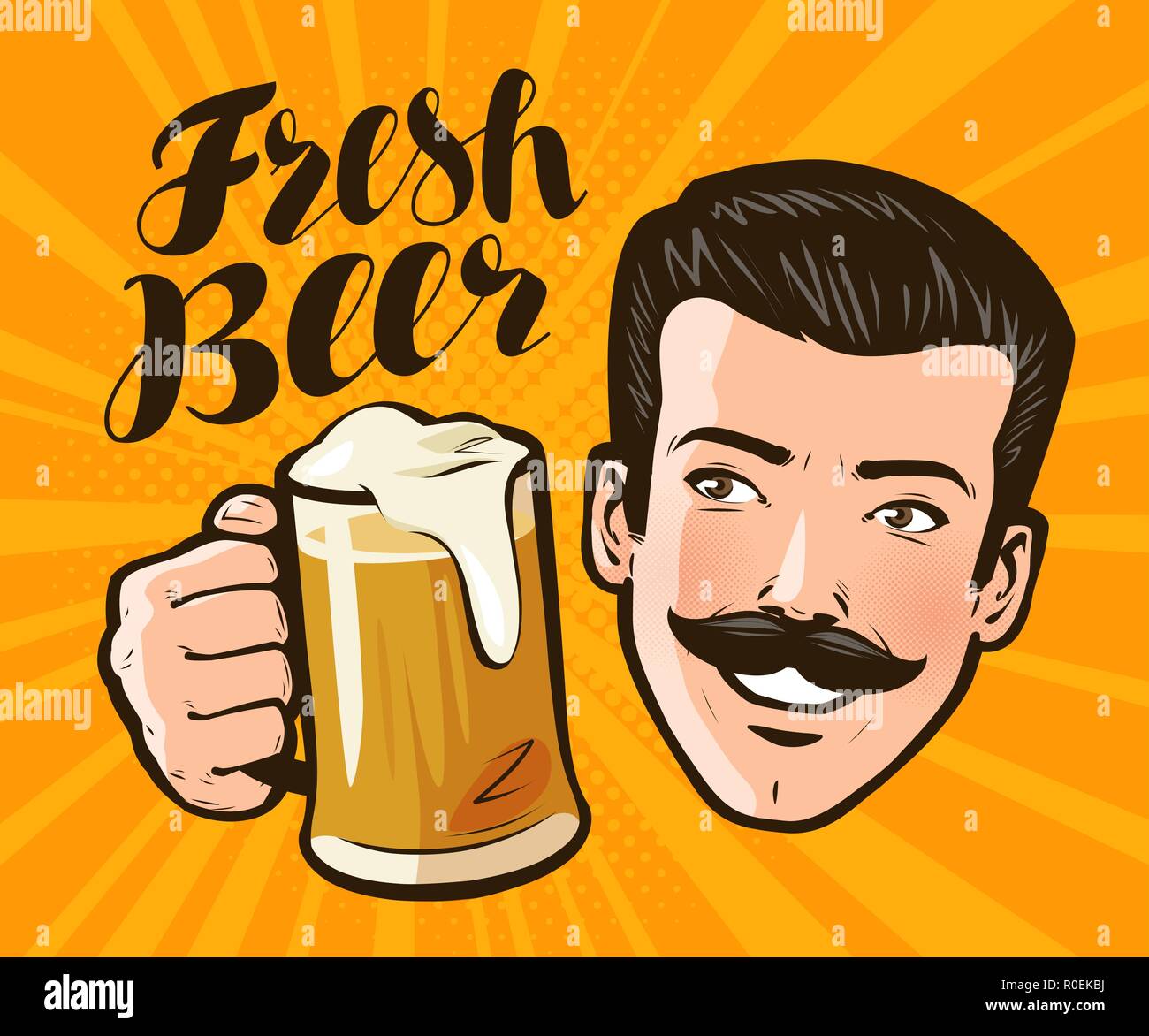 Fresh beer, poster. Alcoholic beverage, pub concept. Pop art retro comic style. Cartoon vector illustration Stock Vector