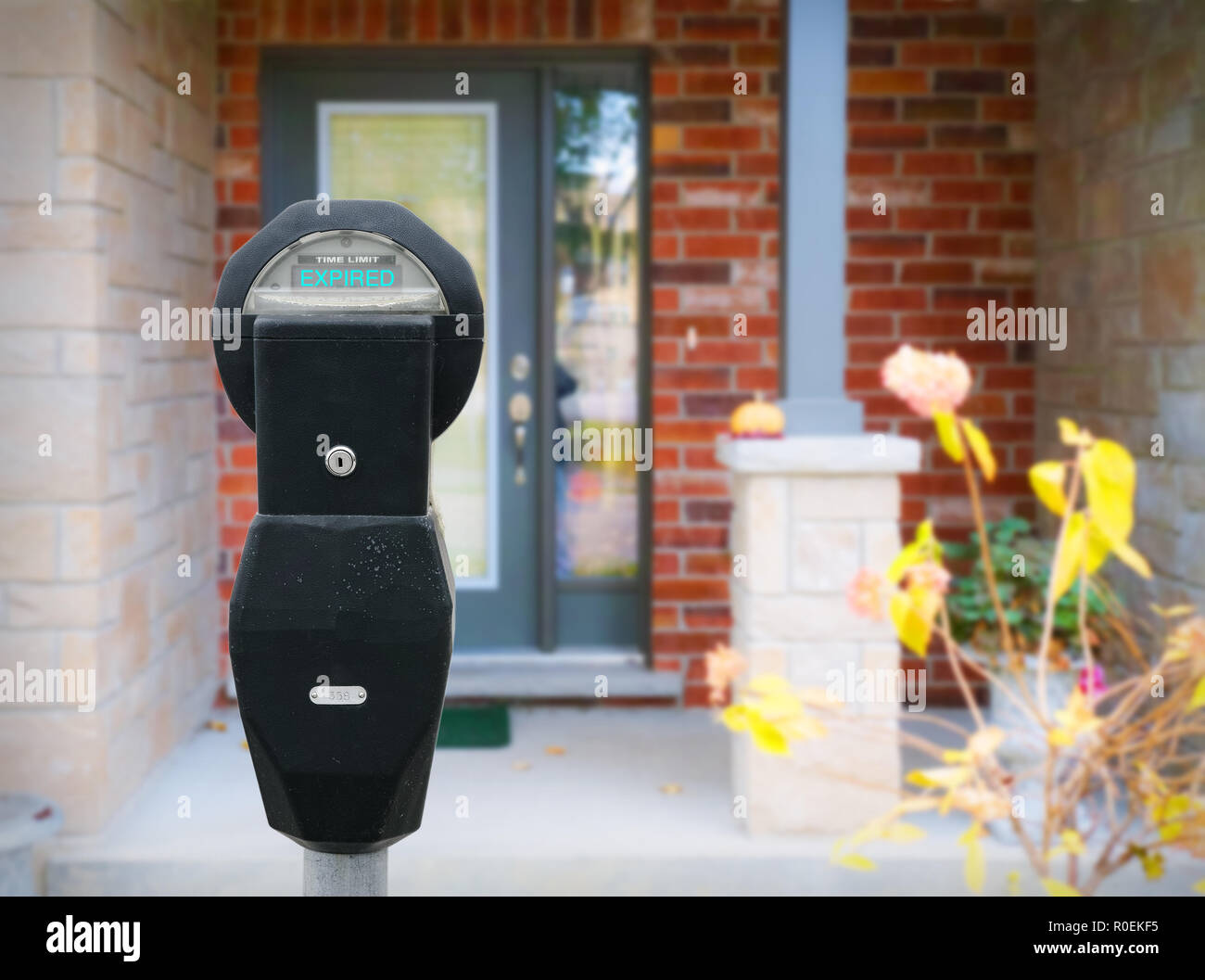 In front of the entrance of the house there is a parking meter. This image is related to the cost of living in your home. Stock Photo