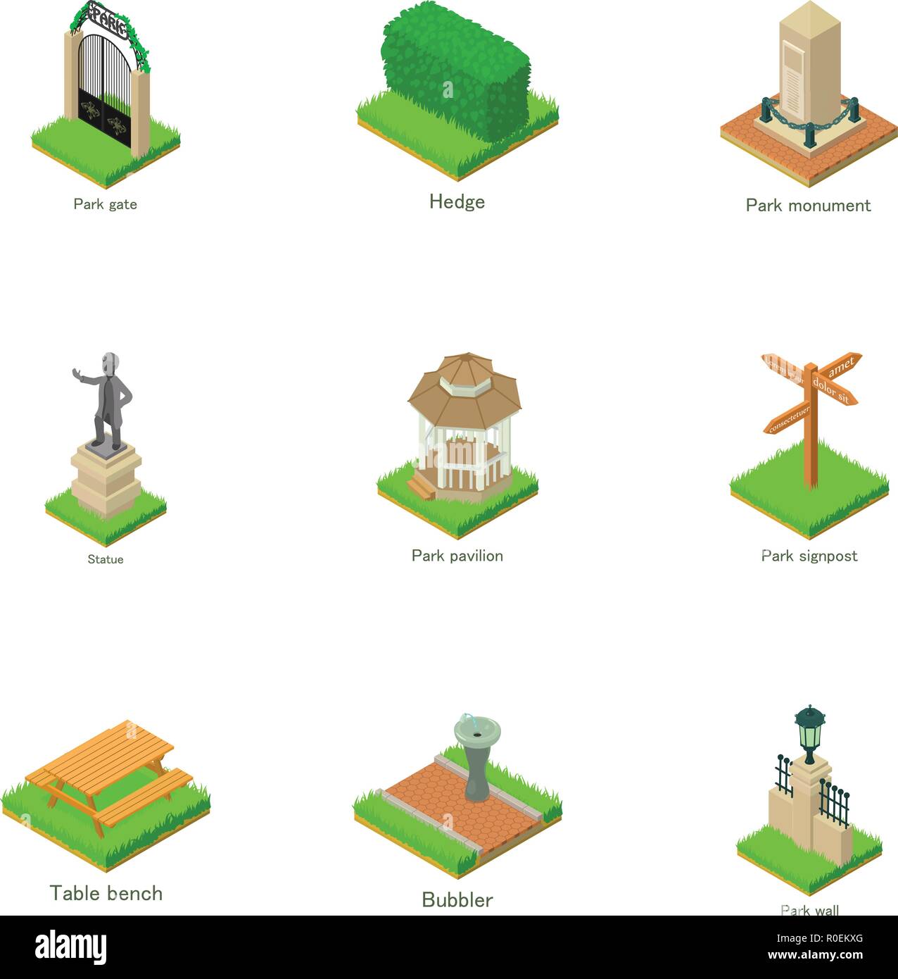 Parkland statue icons set, isometric style Stock Vector