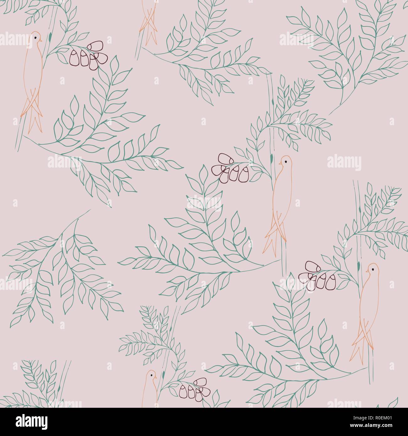 Leaves and birds seamless pattern Stock Vector