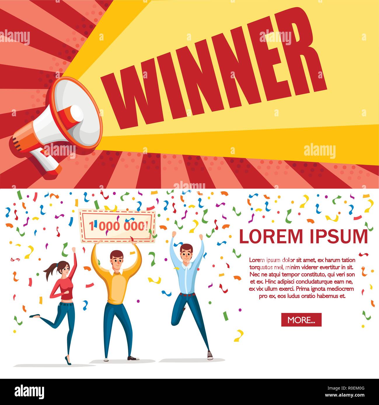 Lottery winner. Women and man stand with winner banner, 1000000. Happy people. Win million. Cartoon character design. Flat vector illustration on whit Stock Vector