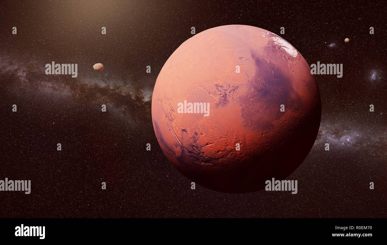 planet Mars in front of the Milky Way galaxy with Moons of Mars, Phobos ...