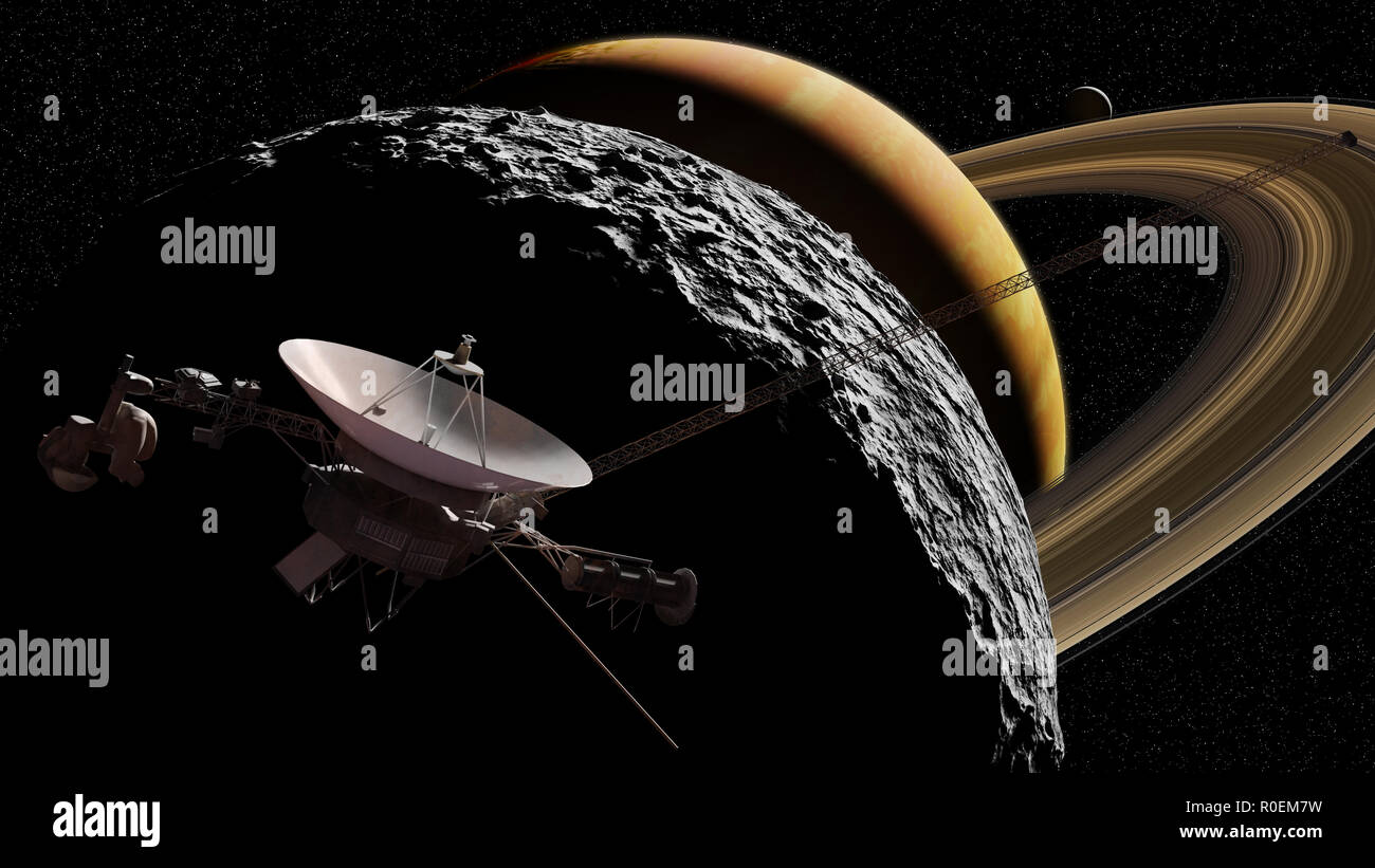Saturn, Saturn moon and Voyager probe (3d illustration background, elements of this image are furnished by NASA) Stock Photo
