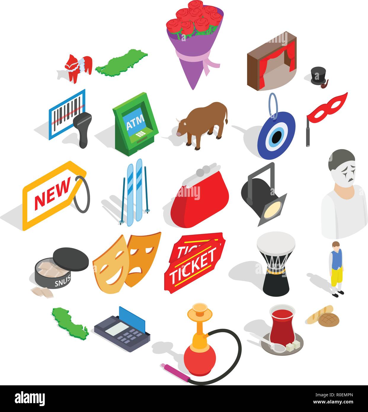 Western culture icons set, isometric style Stock Vector