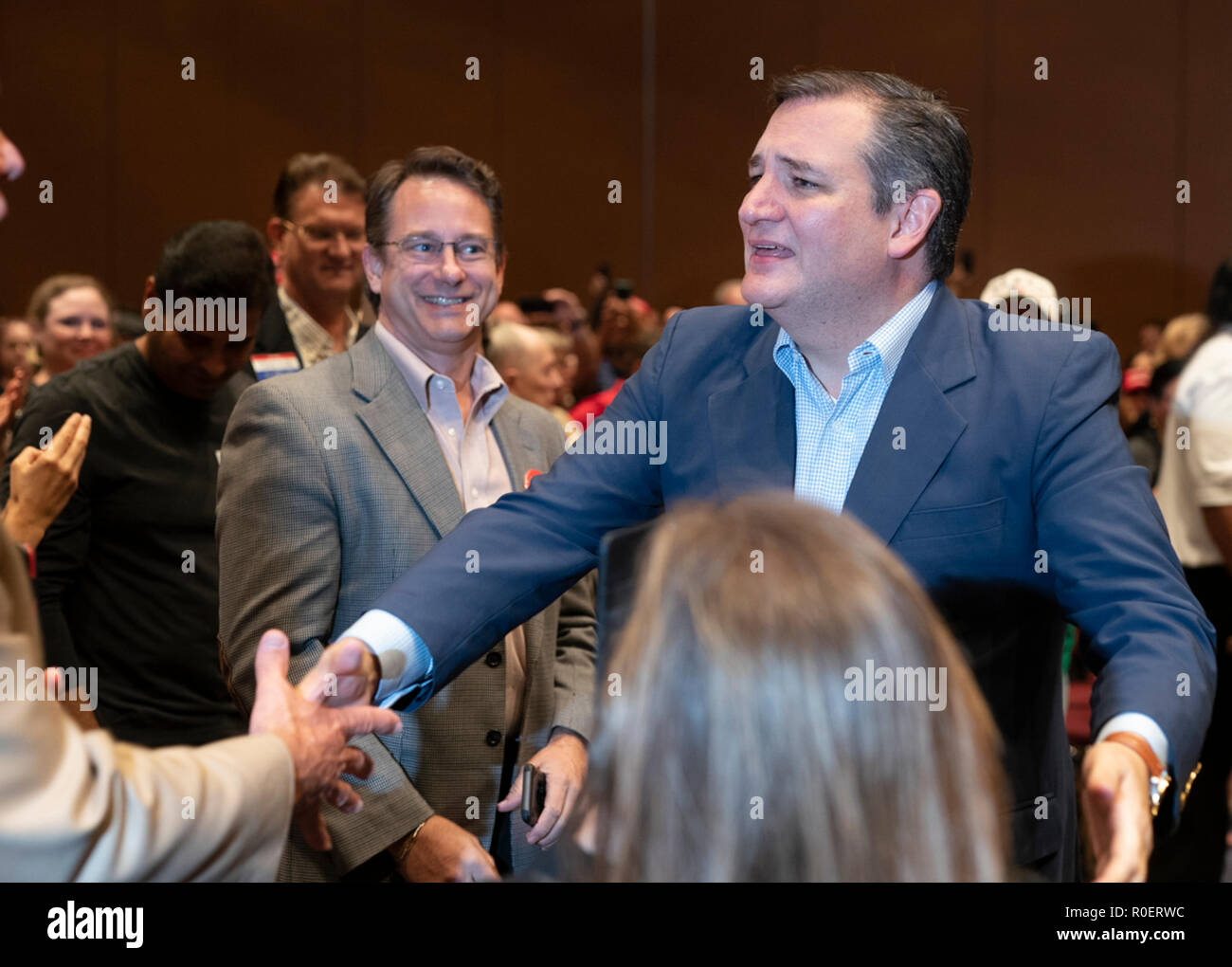 Republican U.S. Sen. Ted Cruz campaigns before a boisterous crowd of about 500 on the last weekend before the midterm elections where he's locked in a close battle with Democratic challenger Beto O'Rourke. Stock Photo