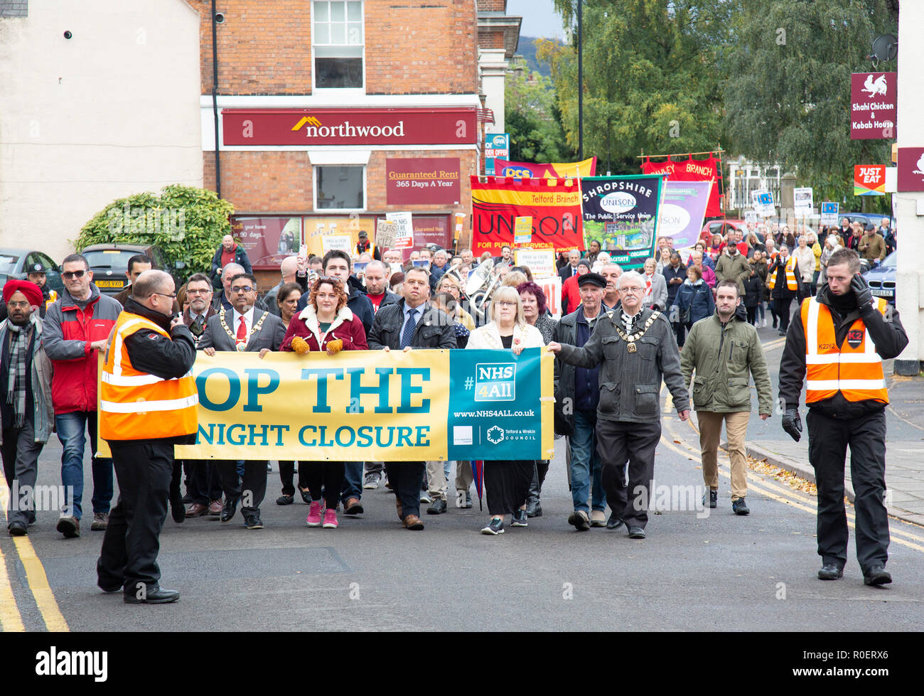 Telford, Shropshire, UK. 4th November, 2018. Over 2,000 people attend a demonstartion in Wellington, Telford, Shropshire, to protest against the night time closure of the A&E department at telford Princess Royal Hospital. Union boses say this will put lives at risk. Credit: Rob Carter/Alamy Live News Stock Photo