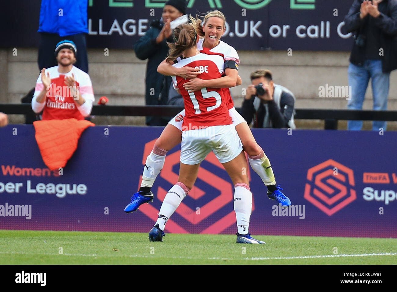 Borehamwood, London, UK. 4th November, 2018.  Arsenal celebrate the first goal of the match in the second half. Peter Lopeman/Alamy Live News Stock Photo