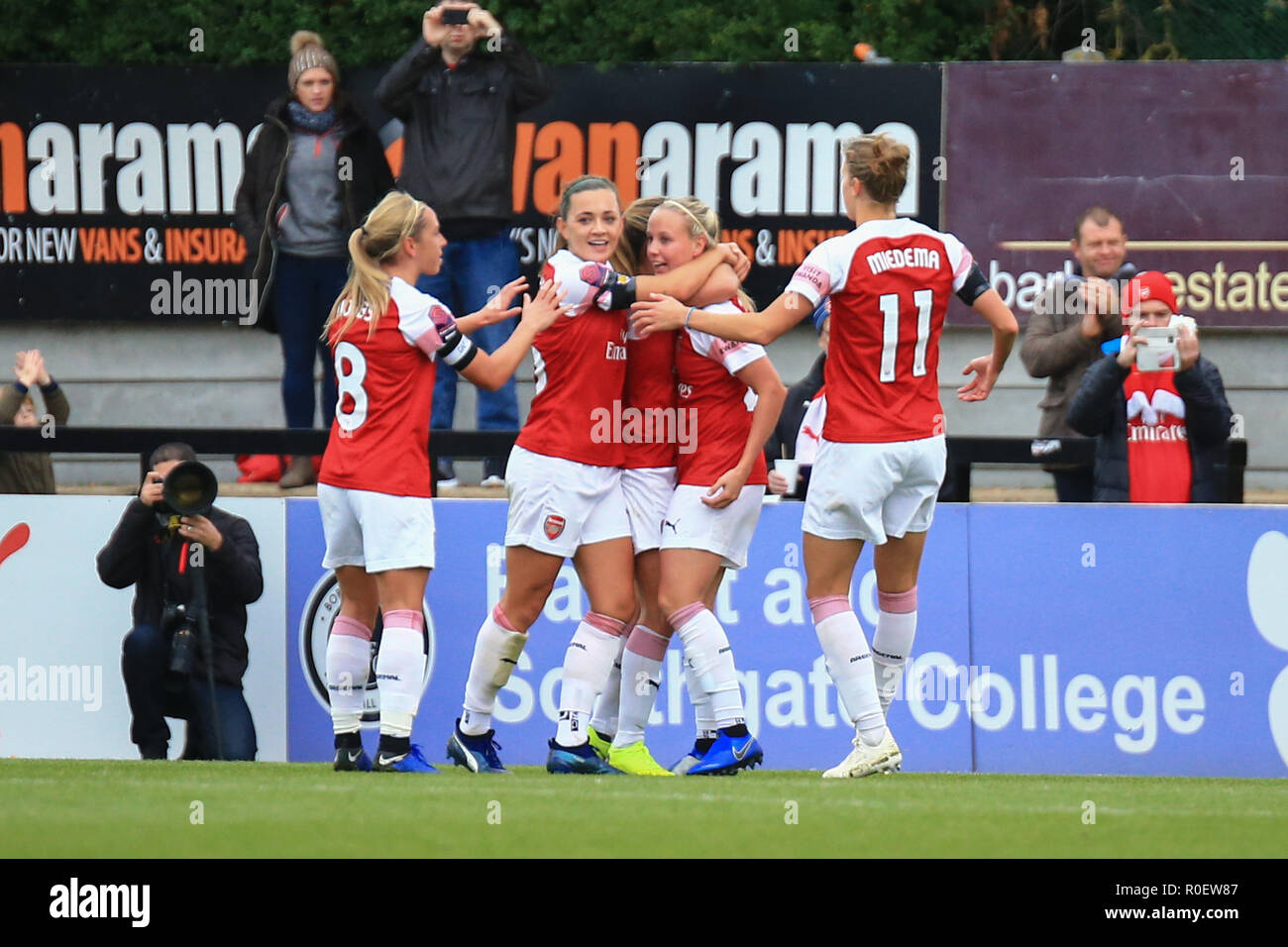 Borehamwood, London, UK. 4th November, 2018. Arsenal celebrate their second goal.  Peter Lopeman/Alamy Live News Stock Photo