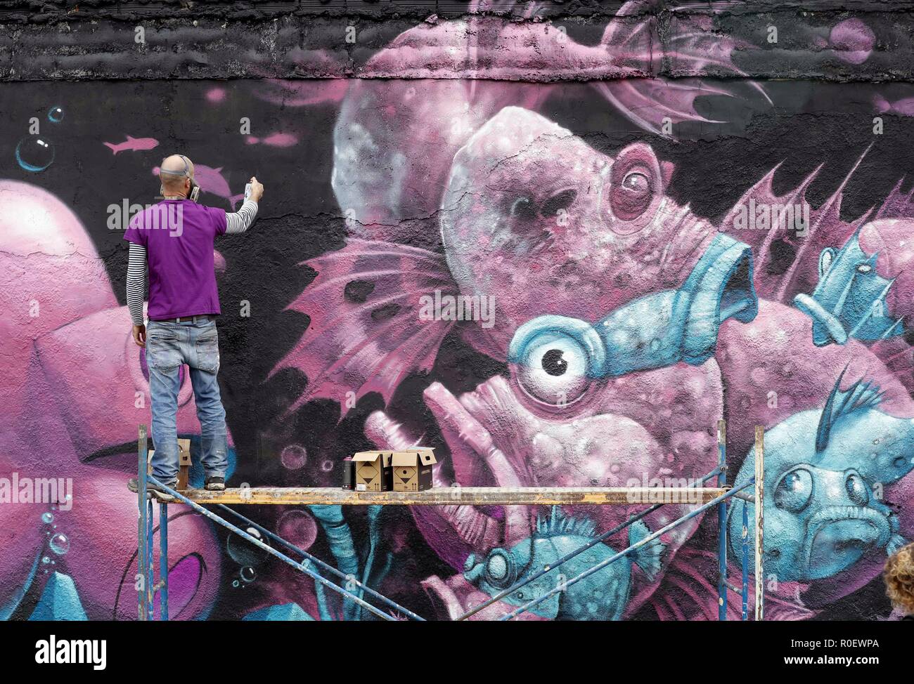Gijon Spain 04th Nov 2018 An Artist Shows His Graffiti During Most Wanted Fest In Gijon