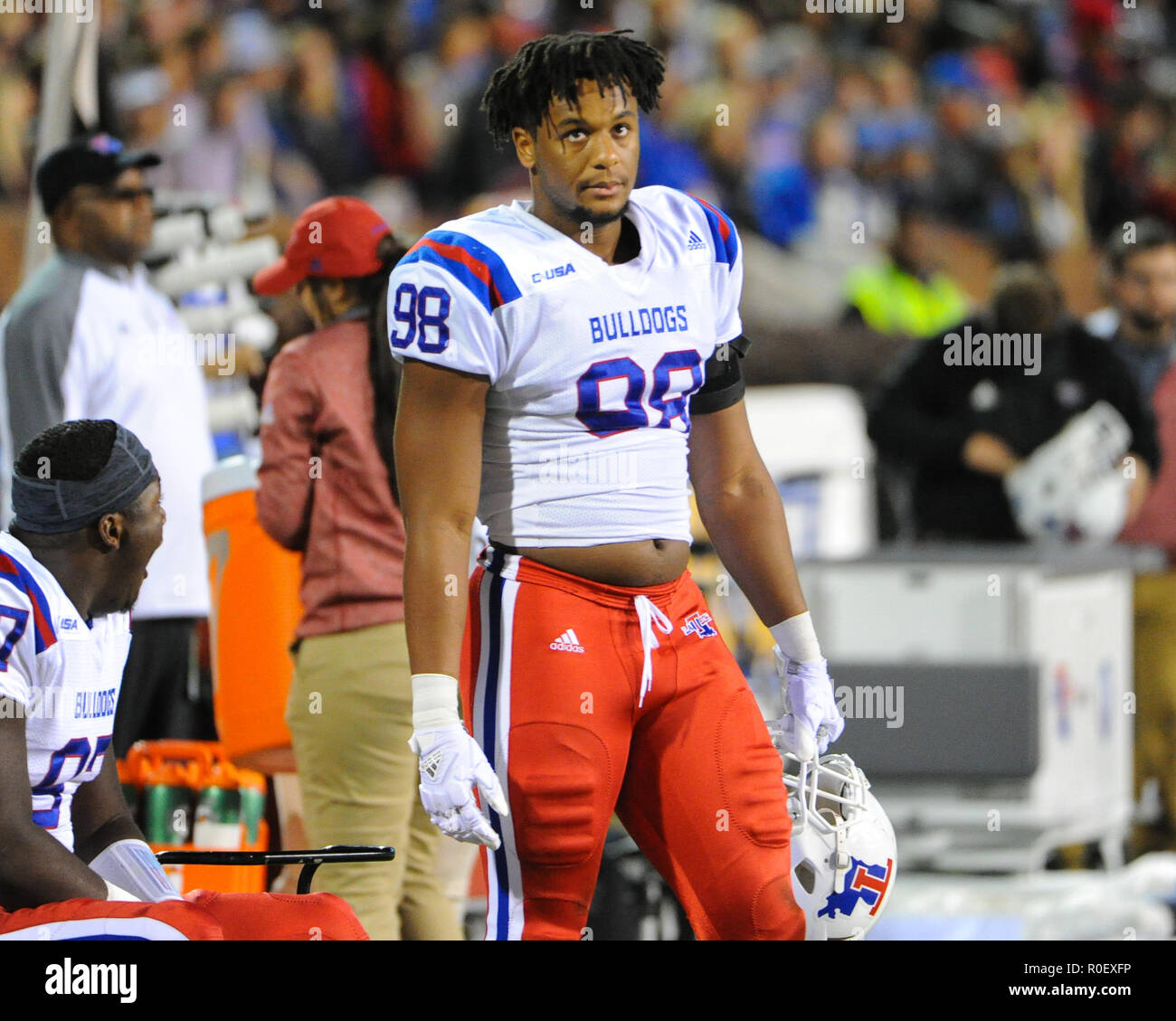 November 03, 2018: Louisiana Tech defensive end, TRISTAN ALLEN (98), on the sidelines during the NCAA Division I football game between Louisiana Tech and the Mississippi State Bulldogs at Davis Wade Stadium in Starkville, MS. Mississippi State leads LA Tech at the half, 31-3. Kevin Langley/CSM Stock Photo